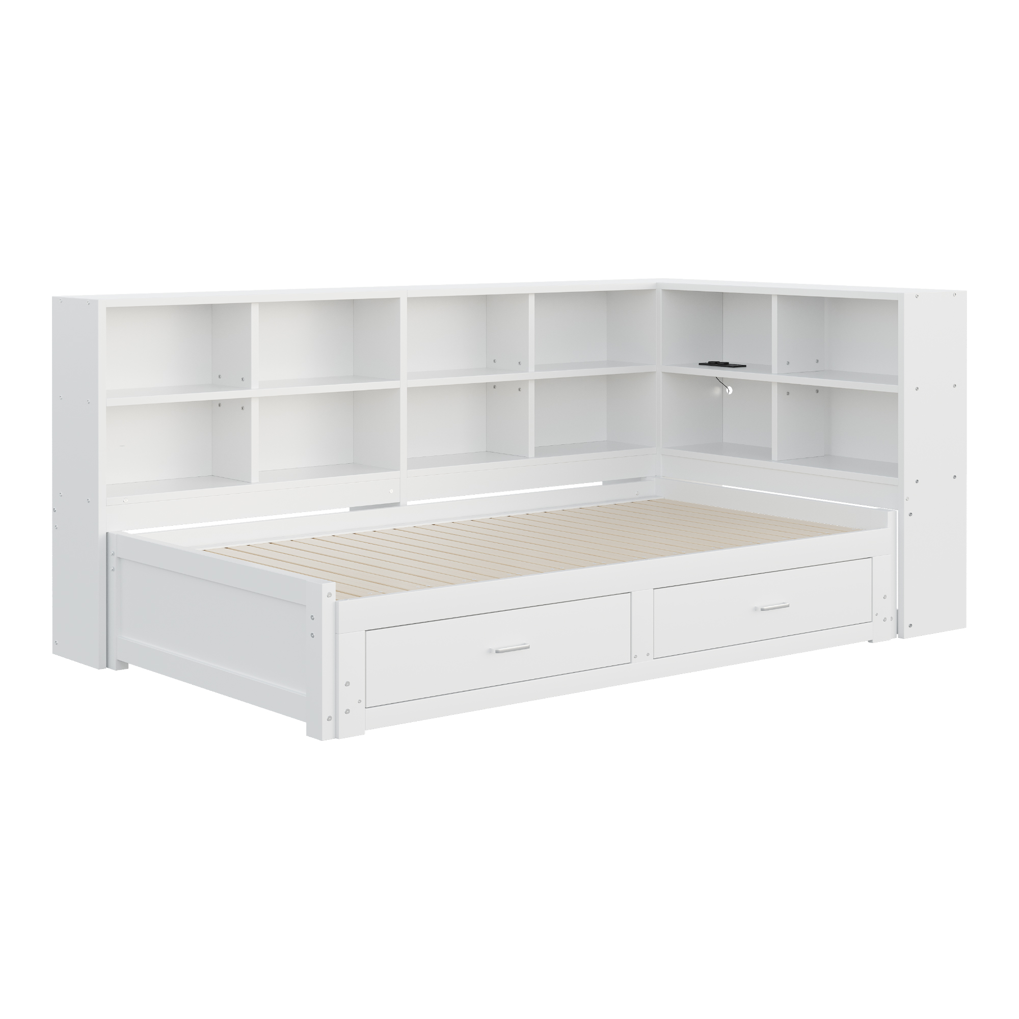 Canapé-lit en bois massif escamotable 90→180×190 cm, prise multifonction, étagères tête + 2 tiroirs, pour salon et chambre, beaucoup de rangement, couchage spacieux, recharge au lit, design moderne, stabilité, fonctionnalité - image 9