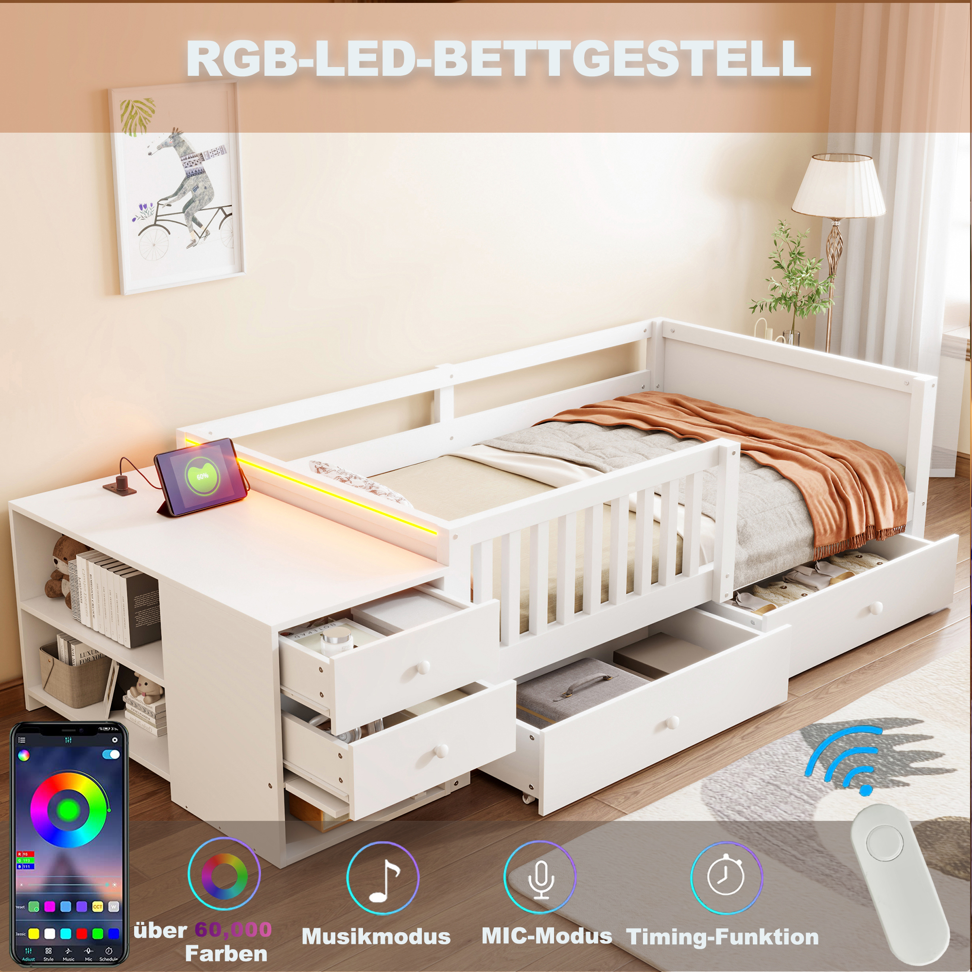 Lit enfant 90 x 200 cm avec 2 tiroirs, bureau, LED, ports de charge, bois, Blanc - vue principale