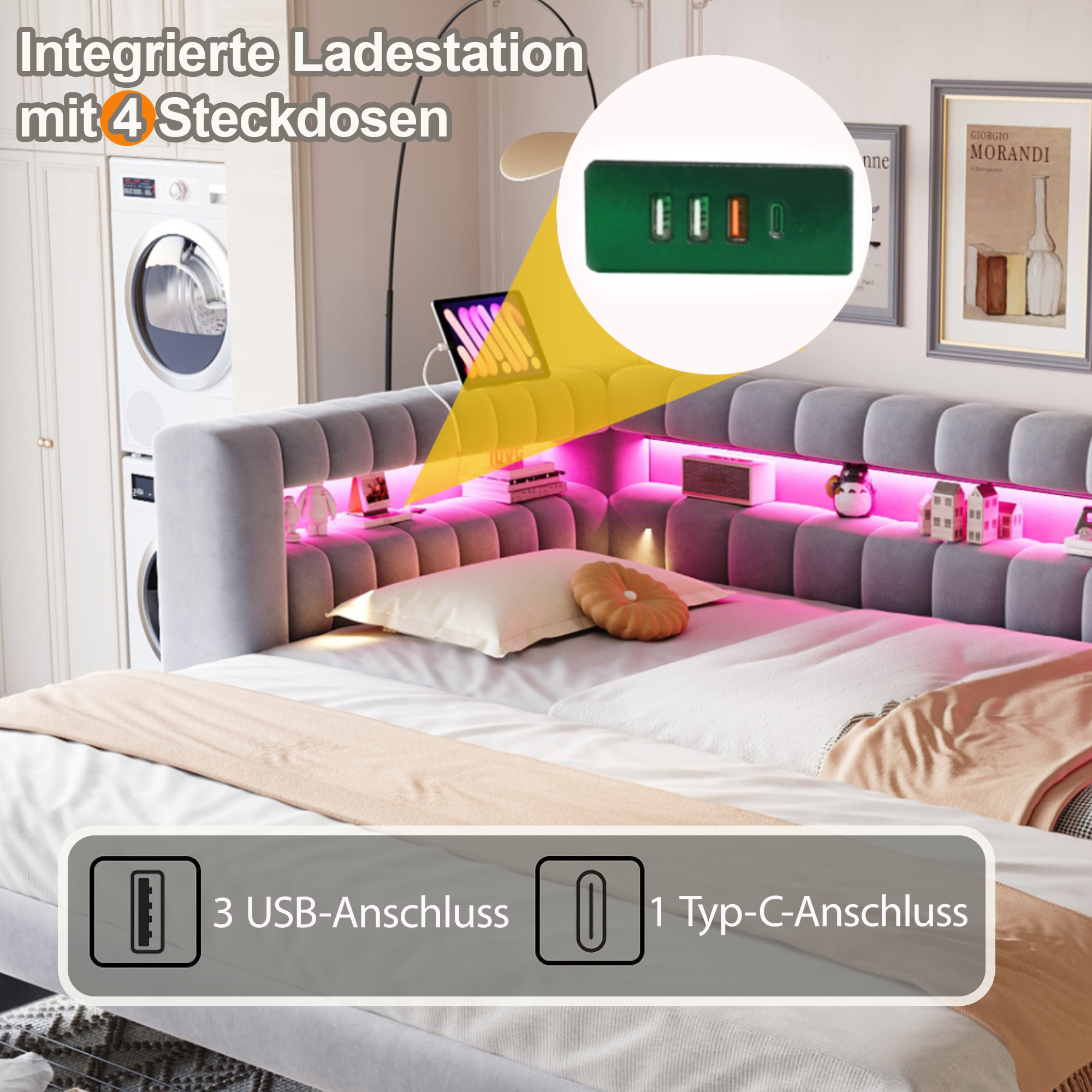 Lit rembourré, ports USB, extensible, avec tiroirs, éclairage led, 210 x 109 x 80 cm, velours et tissu, gris clair - vue 3