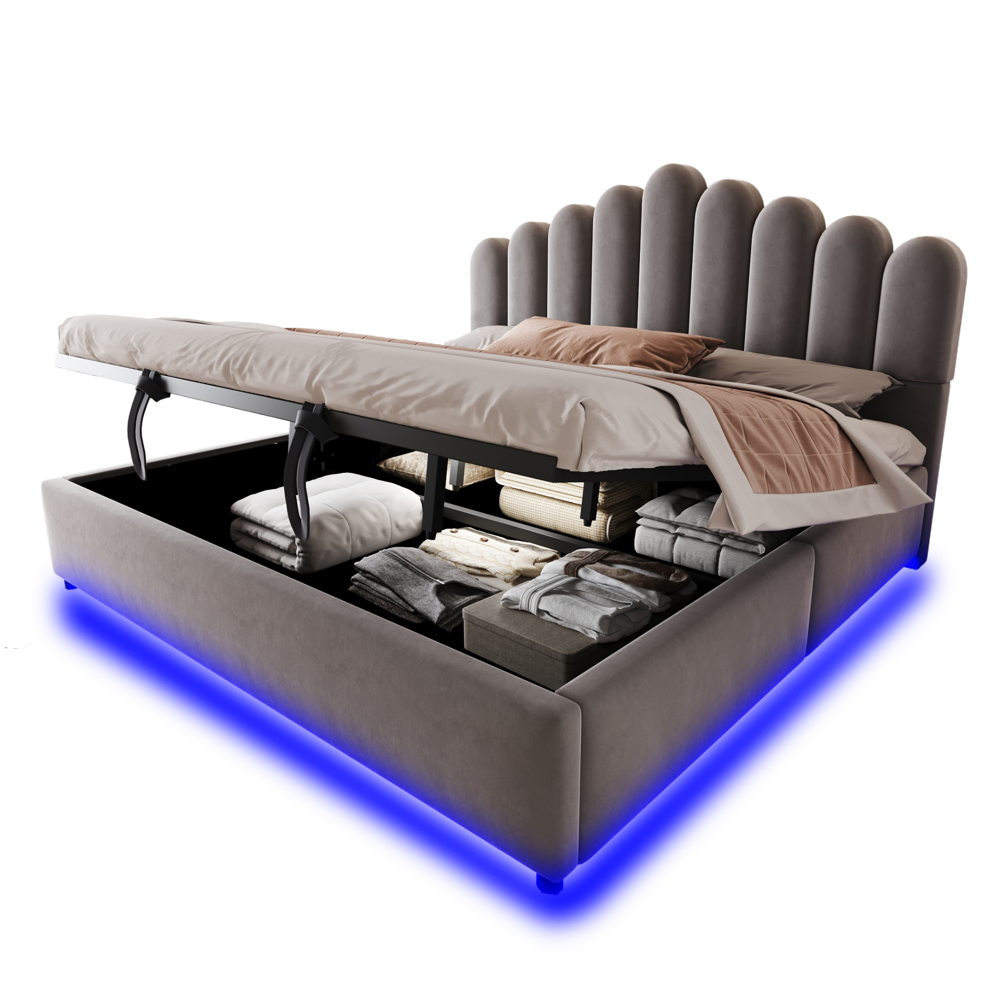 Détails de Lit coffre rembourré en velours 180 x 200 cm avec rangement hydraulique, LED et sommier à lattes, Gris