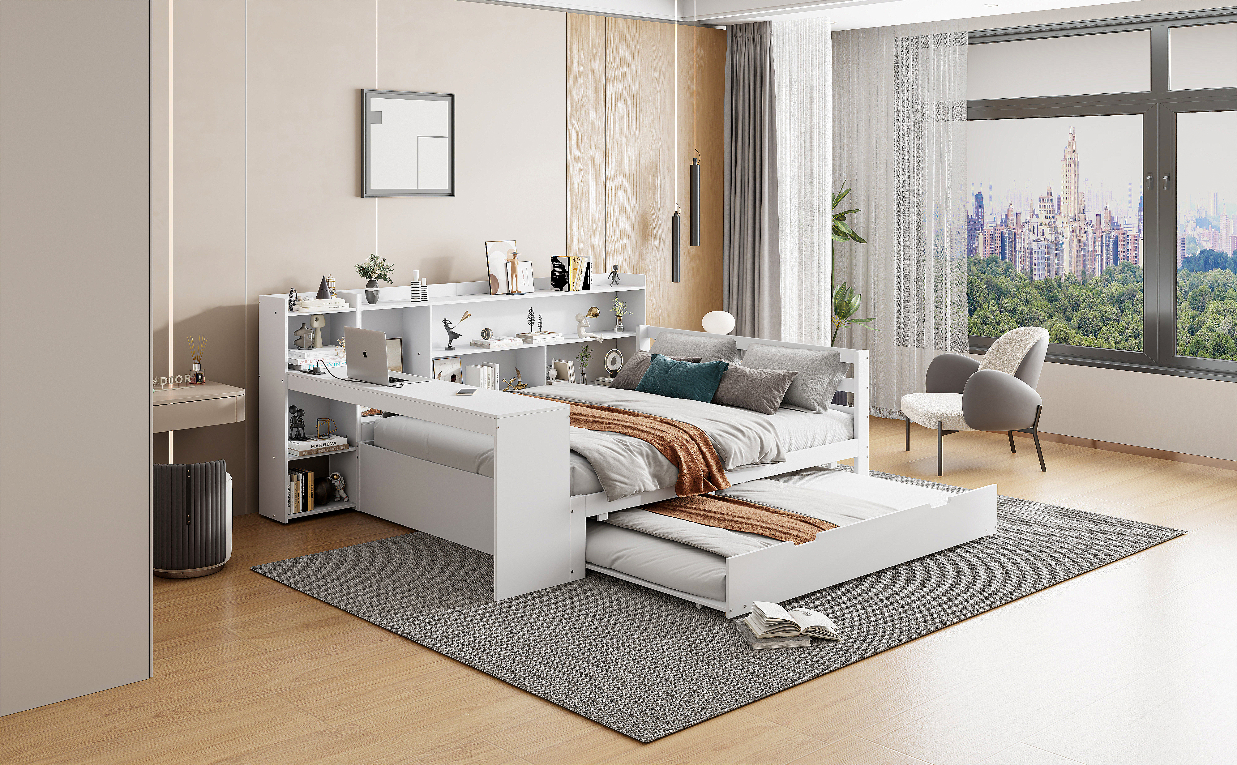 Canapé-lit en bois avec escamotable, étagères, bibliothèques, compartiments, prise + USB, pour salon et chambre, beaucoup de rangement, couchage supplémentaire, recharge au lit, design fonctionnel, stabilité, durabilité - image 5