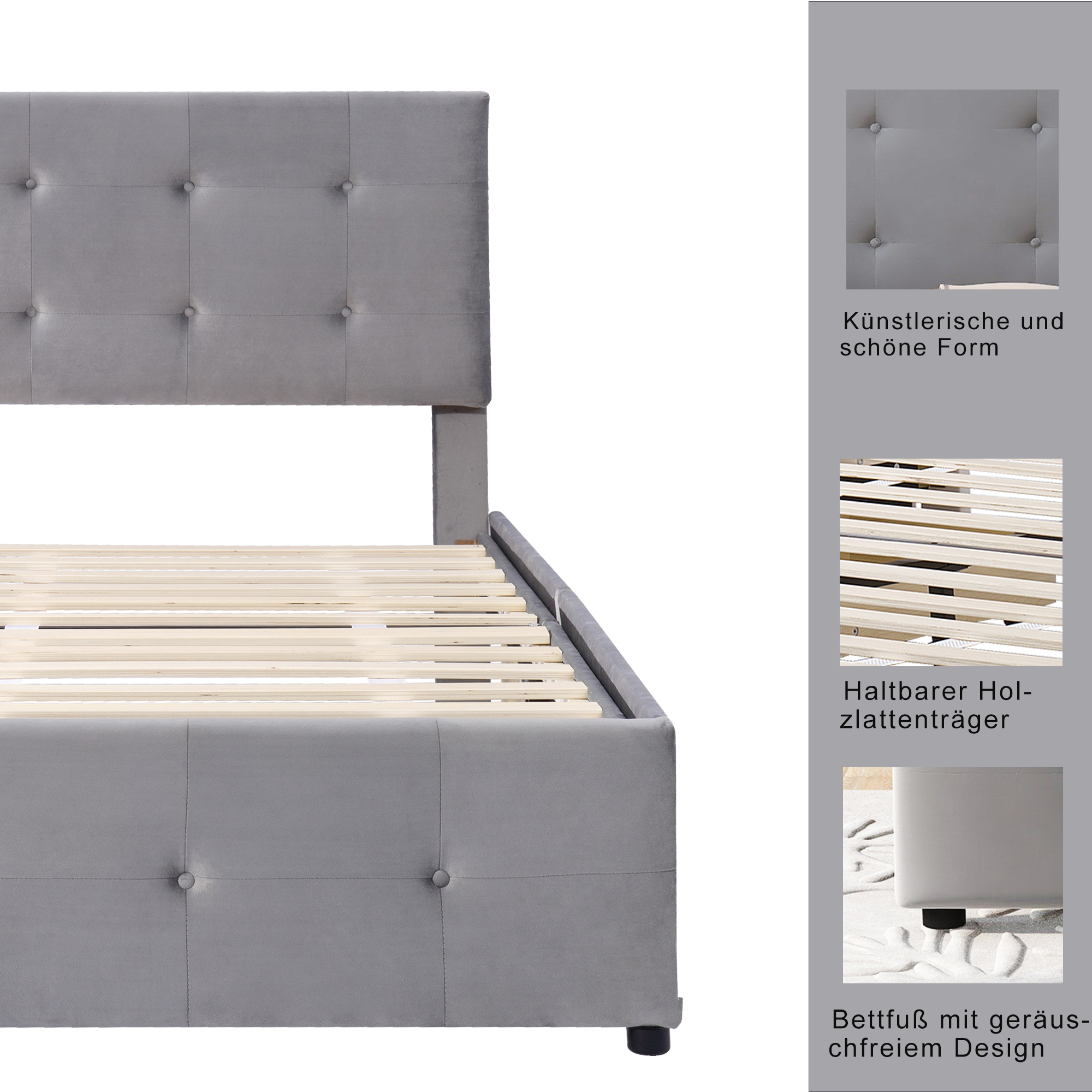 Lit plateforme classique avec tiroir, velours, cadre acier interne, pour enfant, ado et invité, pas de sommier nécessaire, rangement supplémentaire, design intemporel, confort et durabilité, style classique - image 3