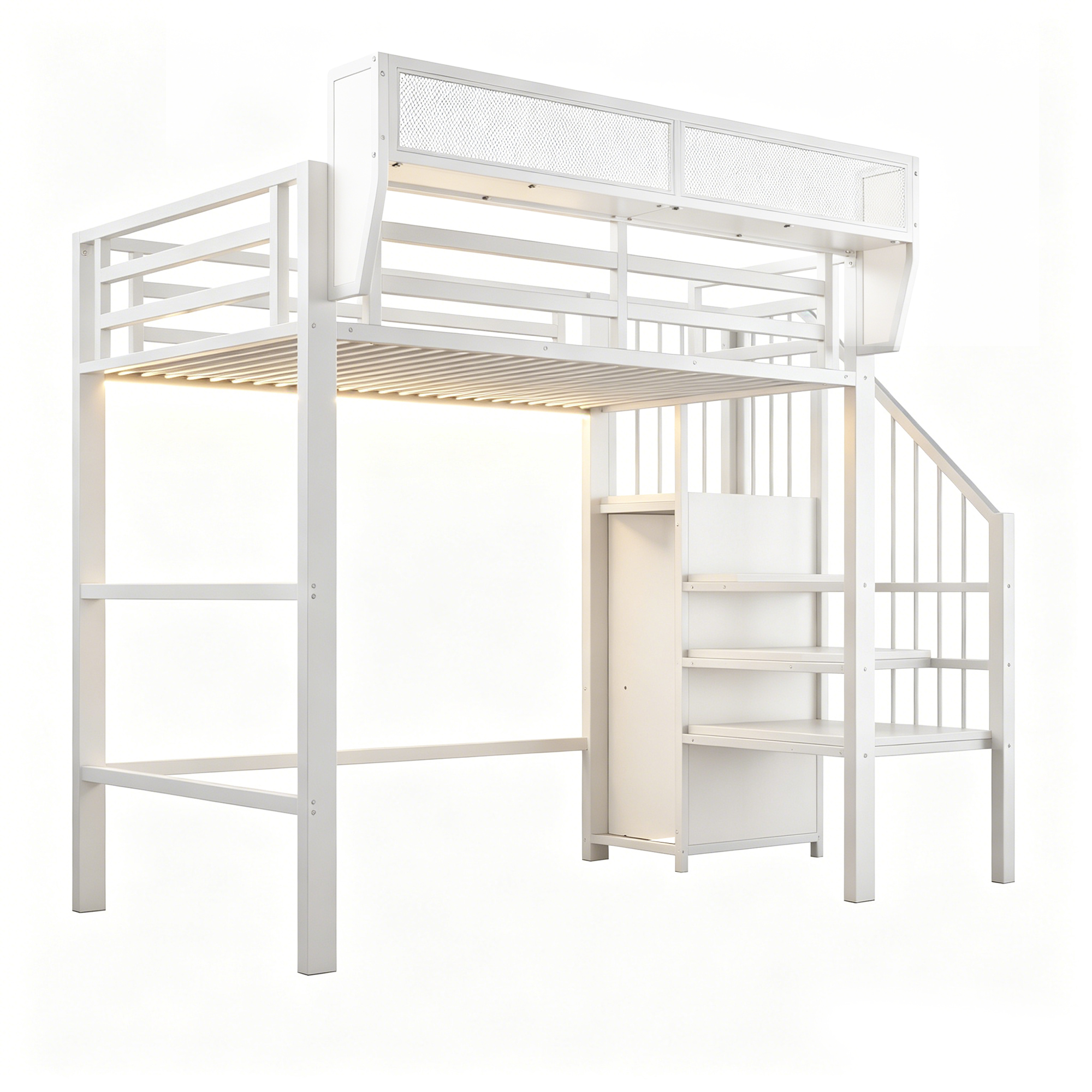 Lit mezzanine 90x200 cm avec LED, bureau, étagères et rangements, métal Blanc - spécifications 1