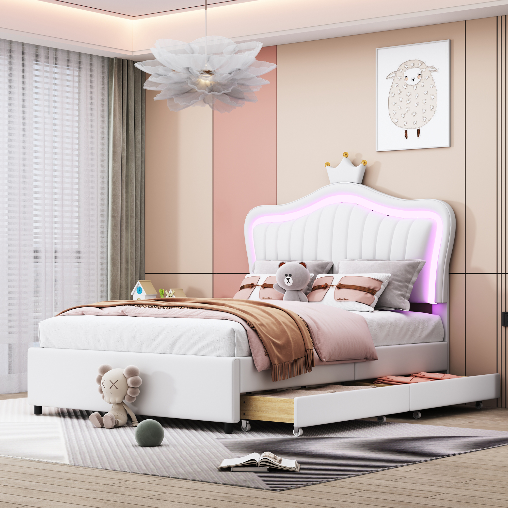 Kinderbett Polsterbett 90 x 200 cm, Weißes Kronen-