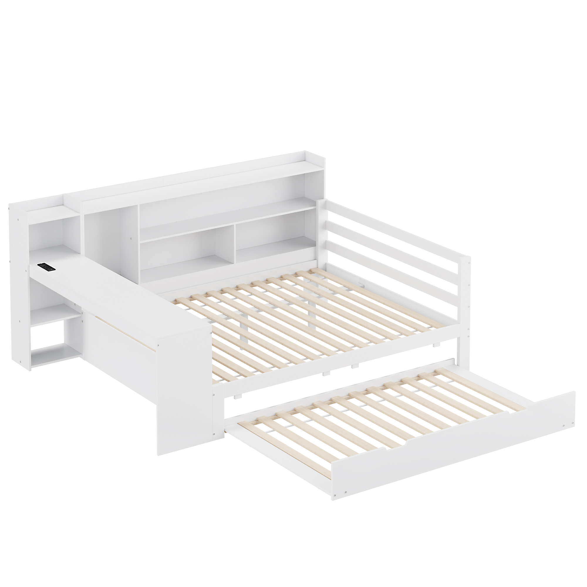 Canapé-lit en bois avec escamotable, étagères, bibliothèques, compartiments, prise + USB, pour salon et chambre, beaucoup de rangement, couchage supplémentaire, recharge au lit, design fonctionnel, stabilité, durabilité - image 10