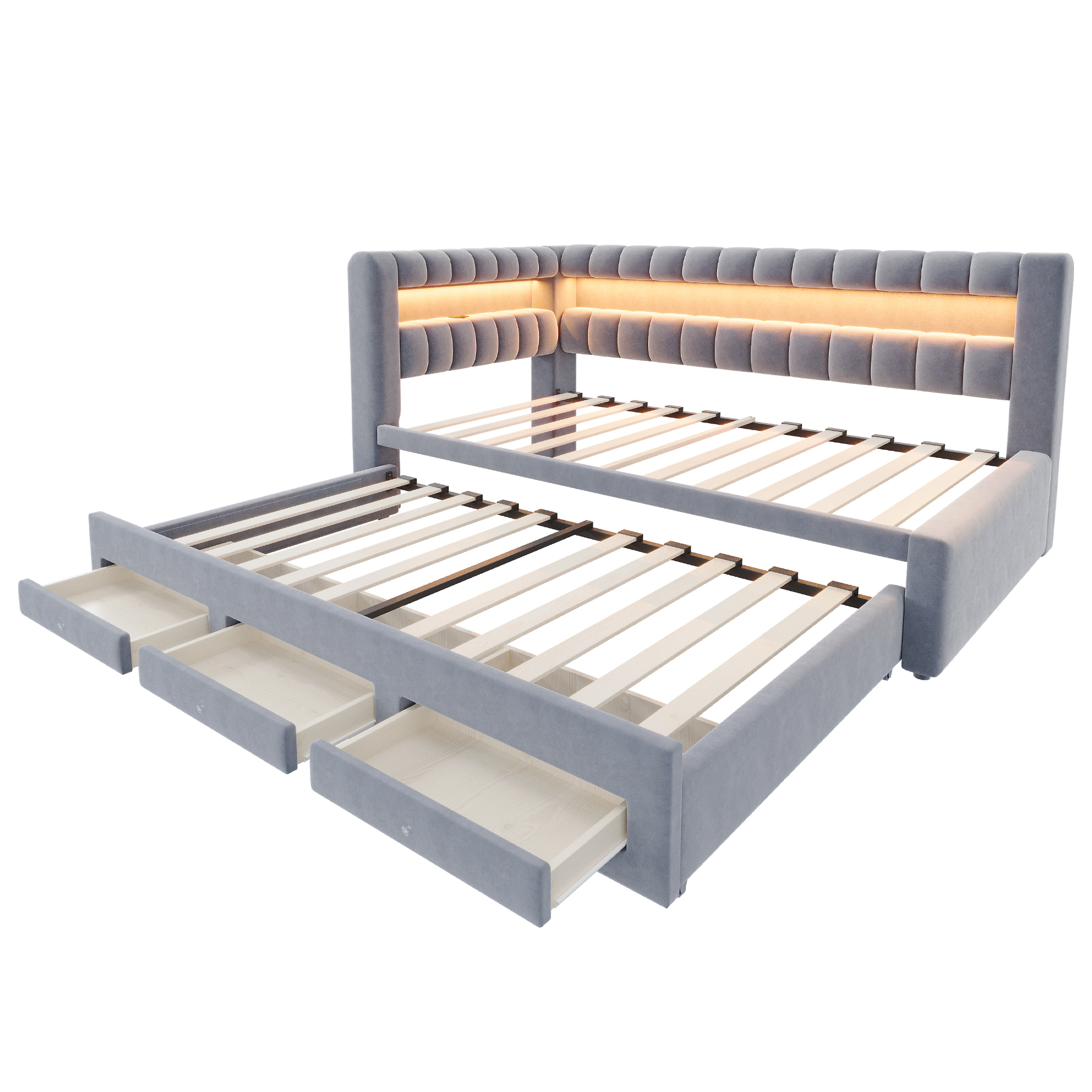 Lit banquette convertible 90x190 cm,en velours,couchage gigogne,éclairage LED,ports USB et Type-C,gris,lit 1 place,lit avec rangement intégré