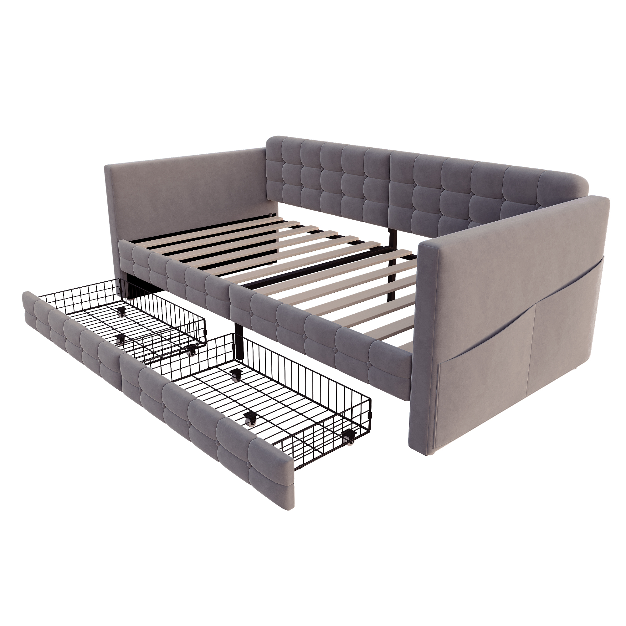 Lit banquette rembourré 90 x 190 cm, 2 tiroirs, velours, gris, 202,4 x 99 x 78,5 cm - points forts 1