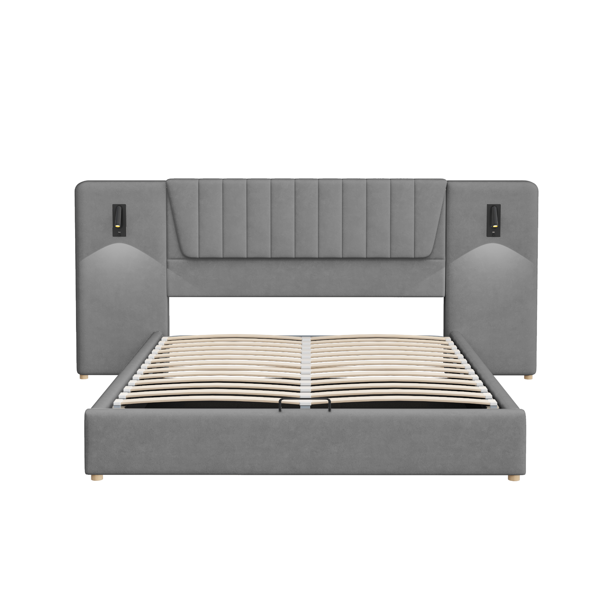 Lit rembourré en velours avec tête extra large, 2 lampes de lecture pivotantes 180° + USB, pour chambre, confort supérieur, recharge au lit, design élégant, style luxueux, stabilité, fonctionnalité - image 15