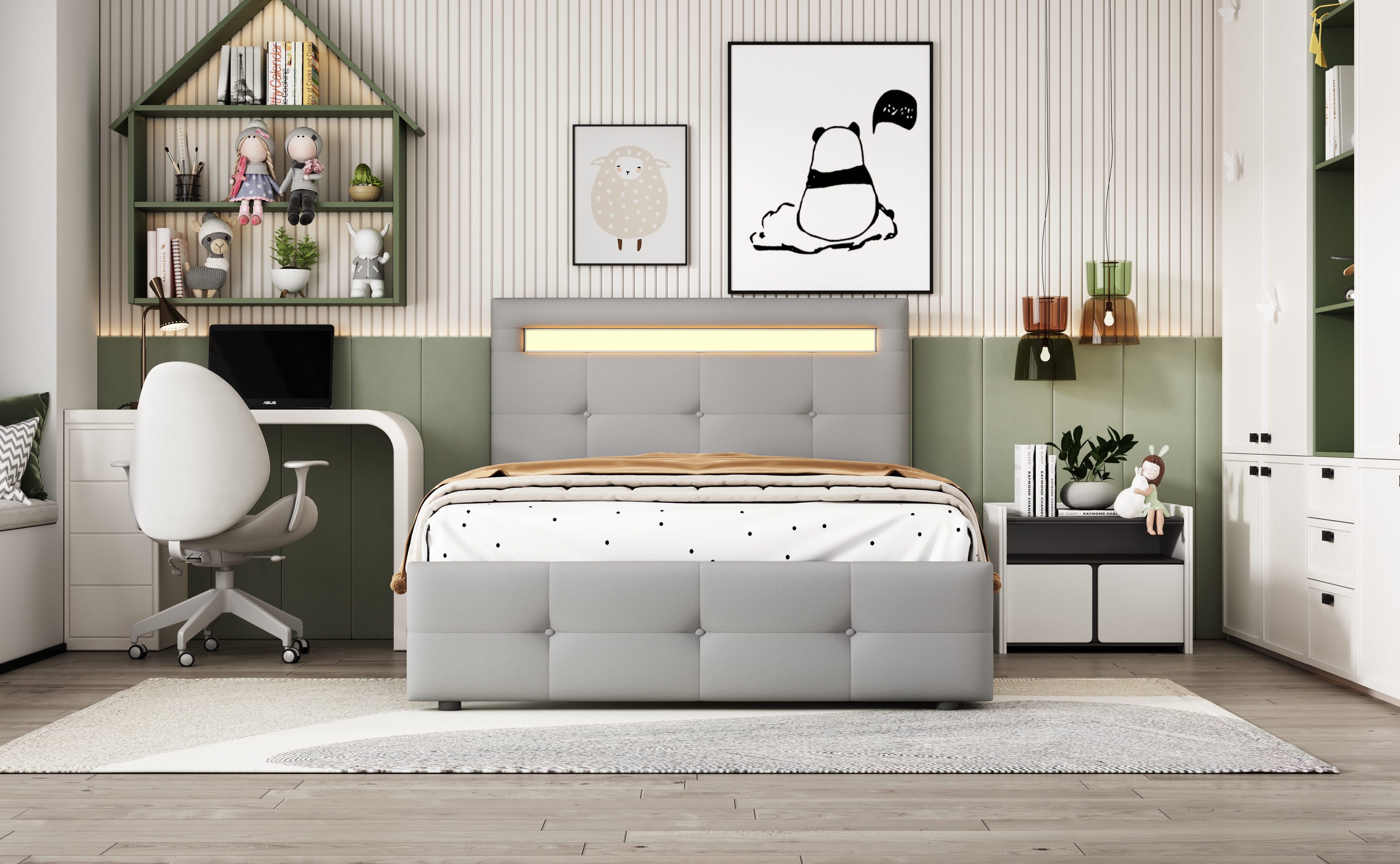 Polsterbett 90*200cm mit LED-Leuchten, 2 Schublade
