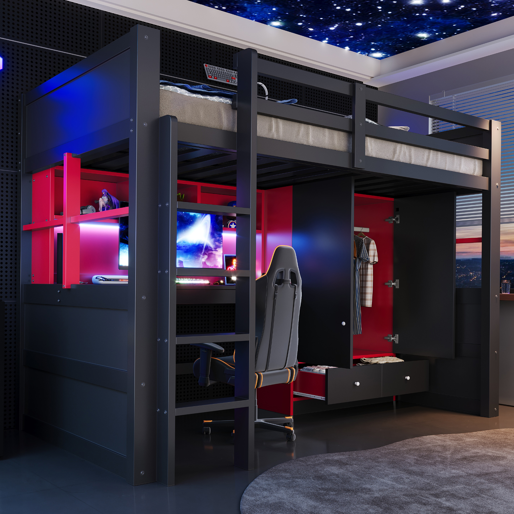 Lit mezzanine 90x200 cm avec LED, bureau, armoire et rangements, bois Noir + Rouge - vue principale 1