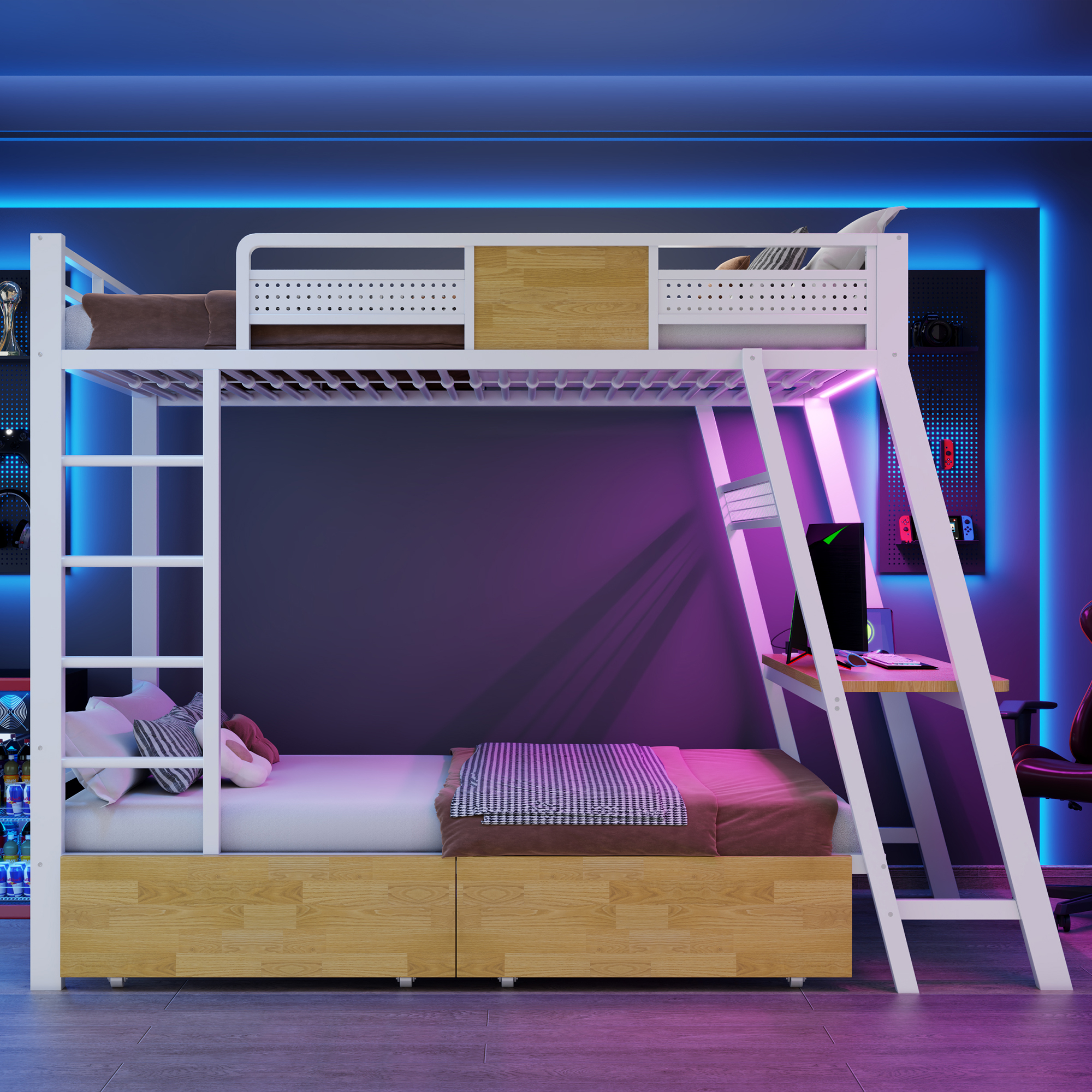 Lit superposé 90 x 200 cm, bureau intégré, échelle latérale, tiroirs de rangement, éclairage LED au niveau du bureau, métal et MDF, blanc, 236 x 95,5 x 170 cm 🛏️🪜 - présentation 1