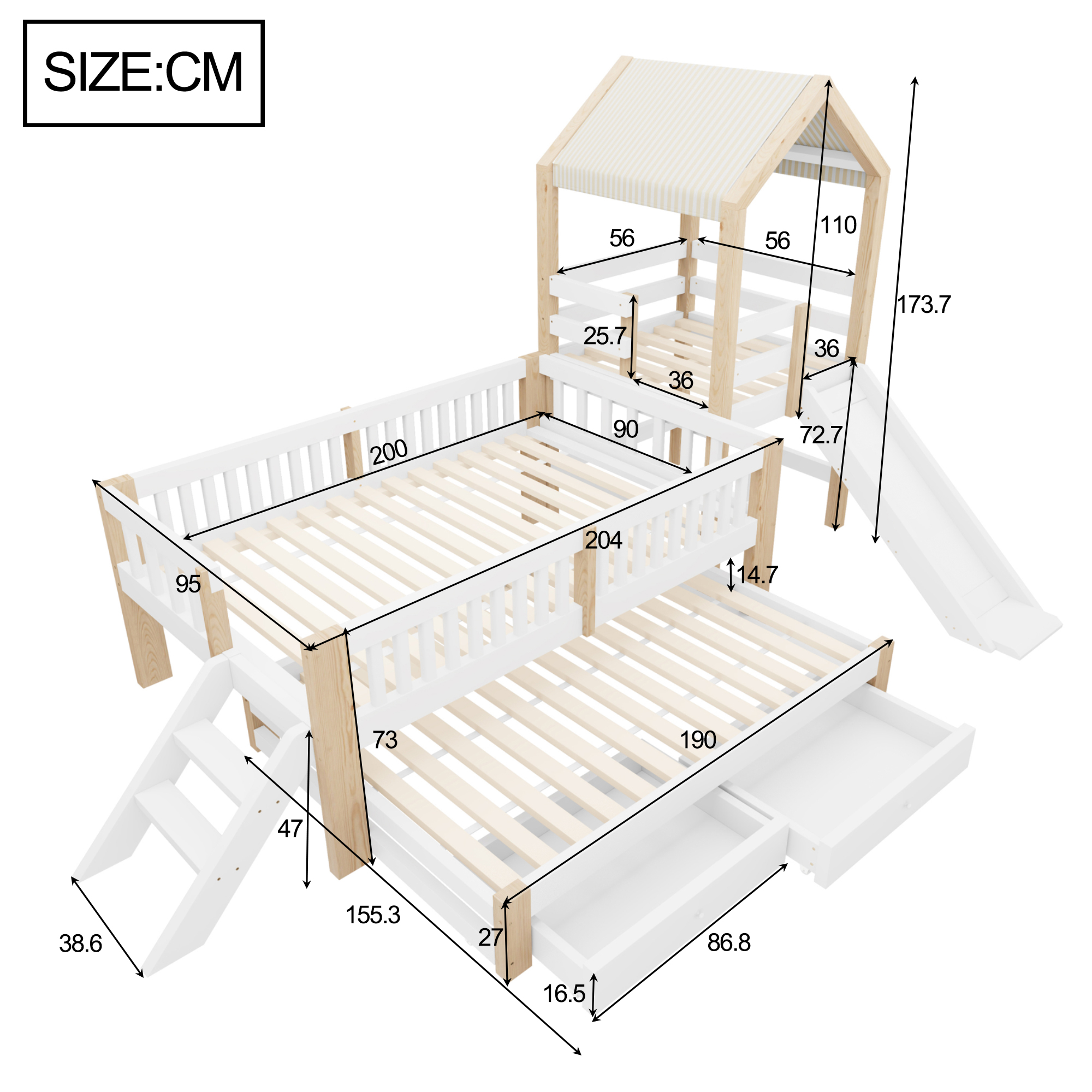 Dimensions et fonctions de Lit superposé en bois 90 x 200 cm + 90 x 190 cm avec lit gigogne, tiroirs, rangements et toboggan, Blanc et Naturel