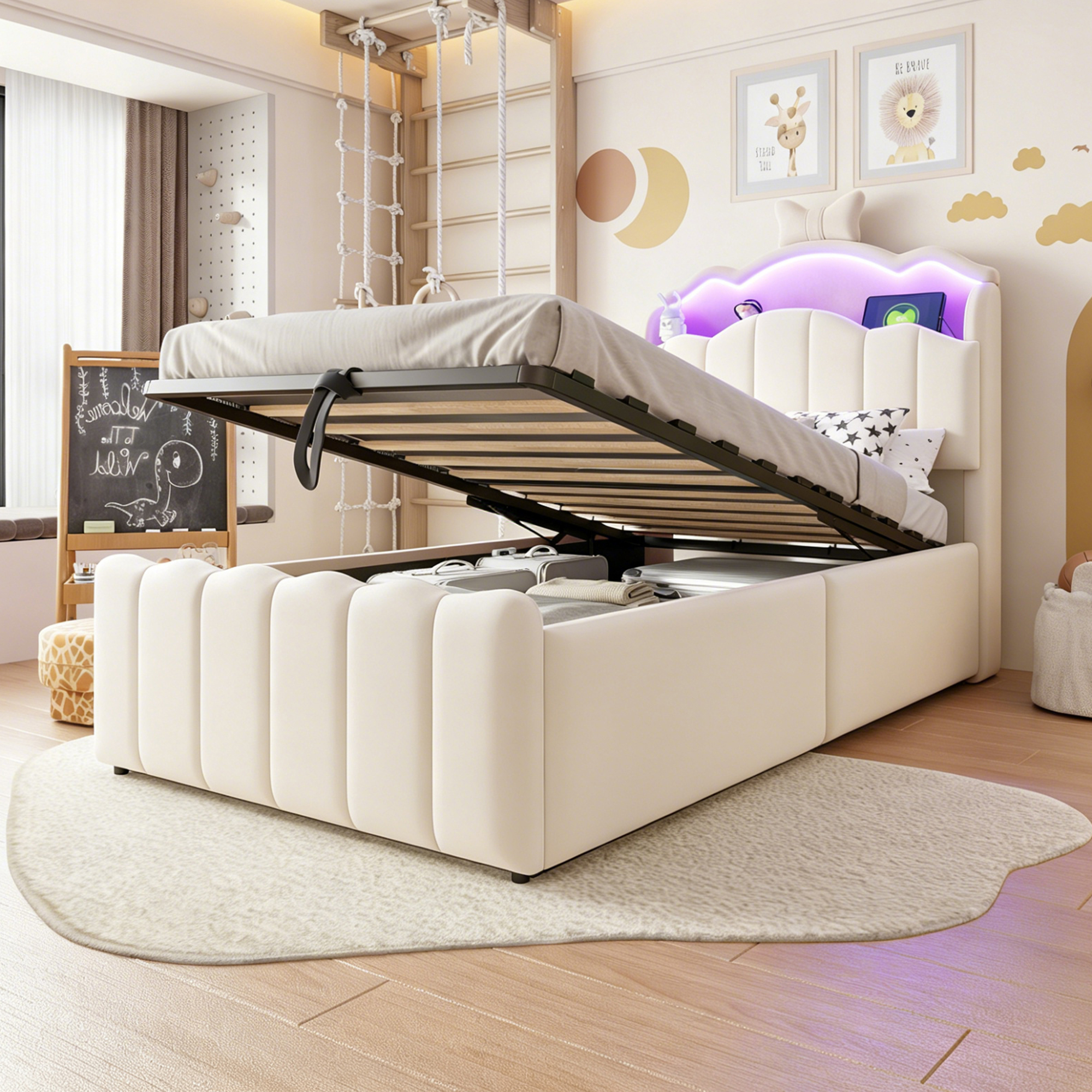 Lit enfant velours tête de lit nœud beige