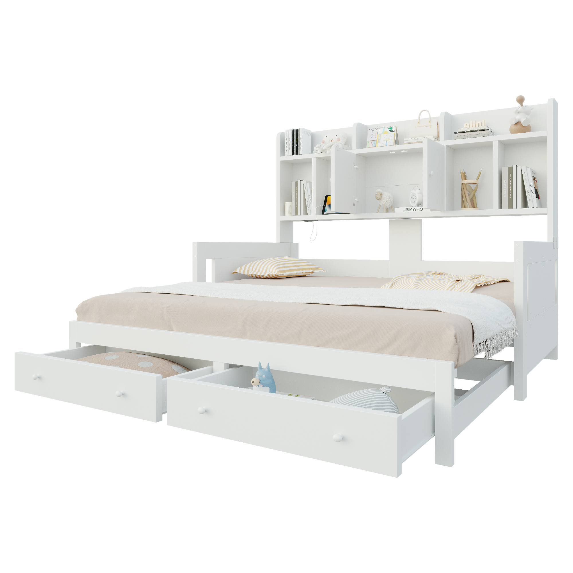 Lit banquette / lit gigogne 90 x 190 cm avec éclairage LED, prises intégrées, rangements intégrés, fonction extensible, blanc - points forts 1