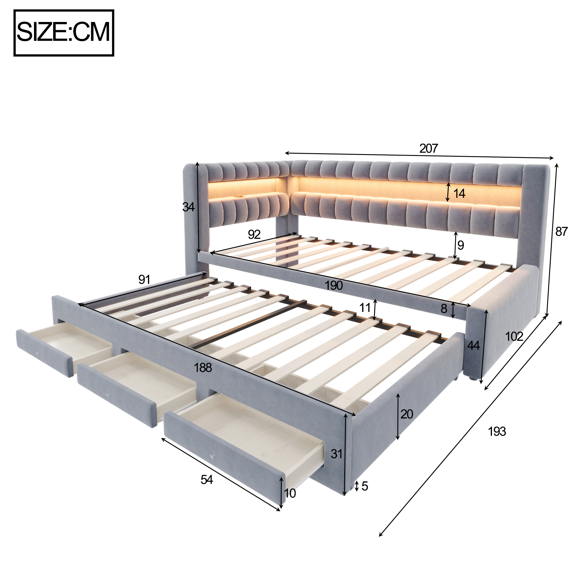 Lit banquette convertible 90x190 cm,en velours,couchage gigogne,éclairage LED,ports USB et Type-C,gris,lit 1 place,lit avec rangement intégré