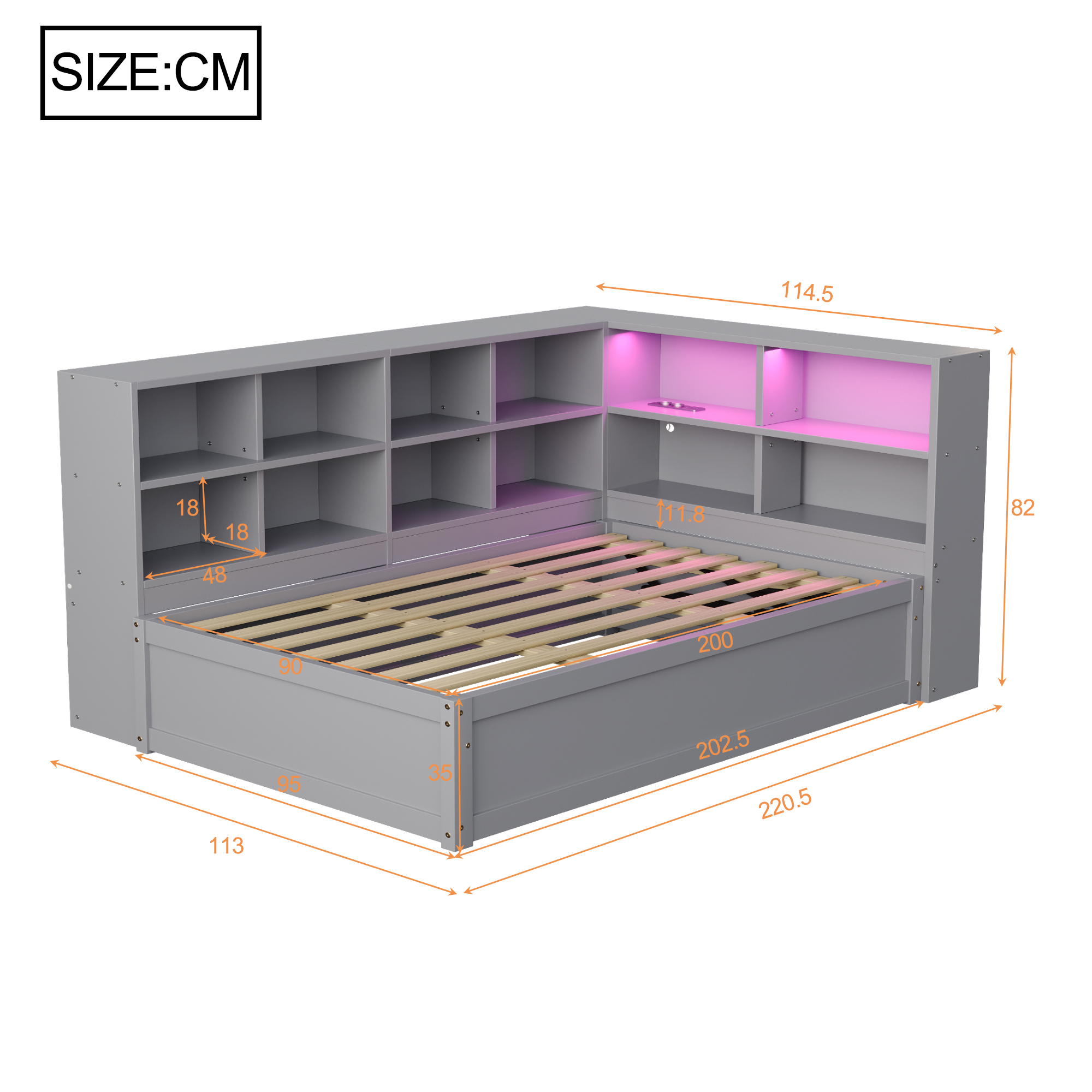 Lit simple en bois massif, prise multifonction intégrée, rangements multiples, bande LED contrôlable par smartphone/télécommande, pour chambre, recharge appareils, beaucoup de stockage, ambiance personnalisée, design moderne - image 4