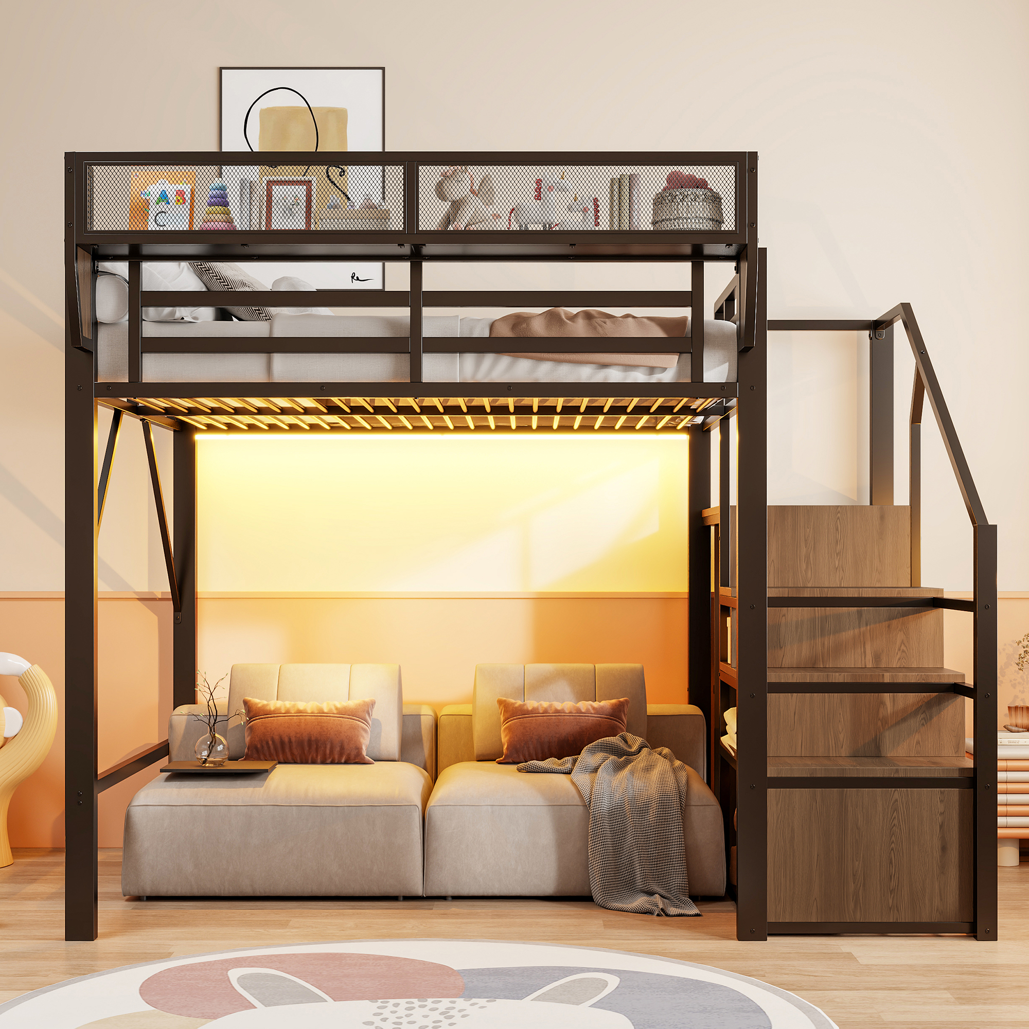 Lit mezzanine 140x200 cm avec LED, bureau, étagères et rangements, métal Noir - vue principale 1