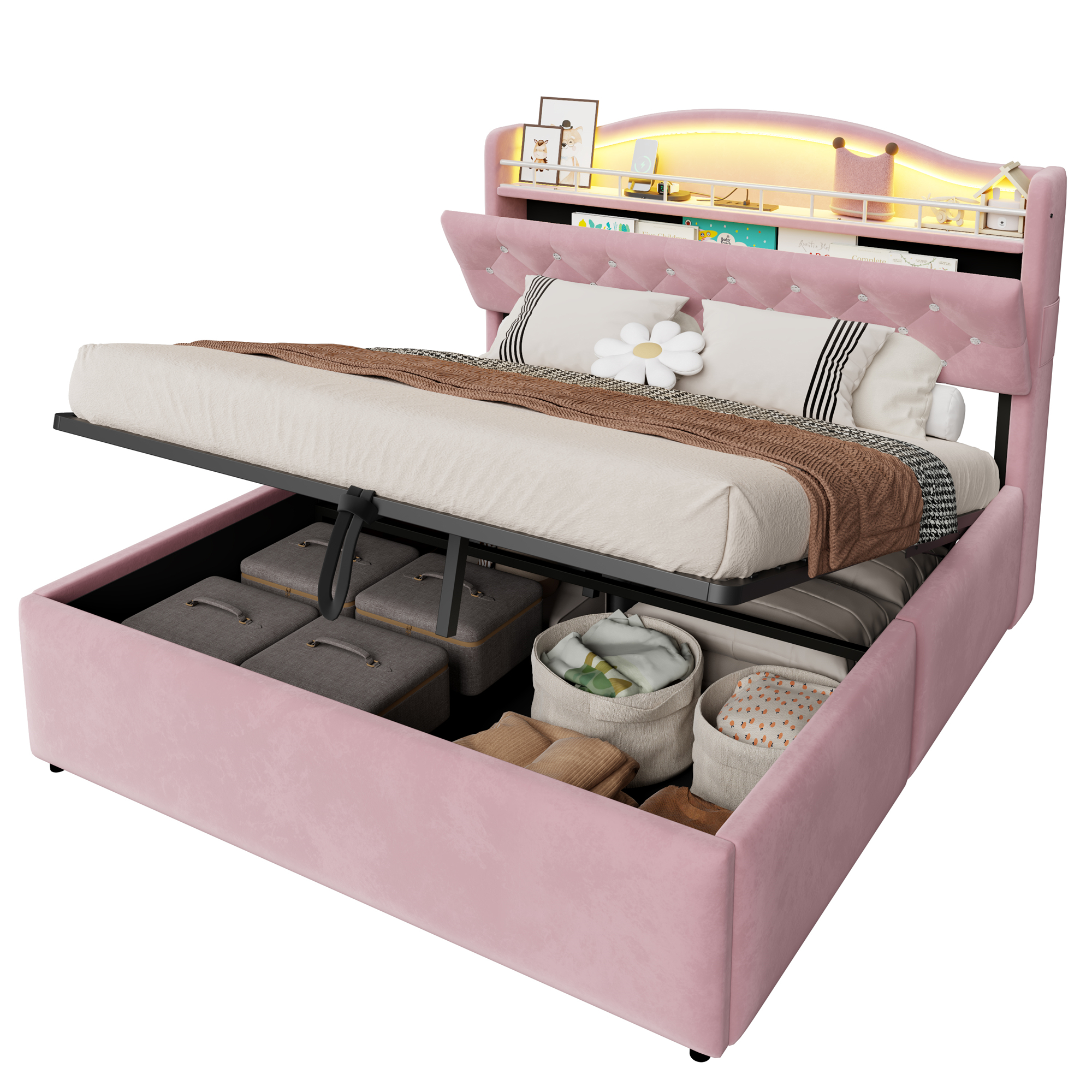 Détails de Lit coffre rembourré en velours 140 x 200 cm avec rangement hydraulique, LED, ports USB-C et tête de lit avec rangement, Rose