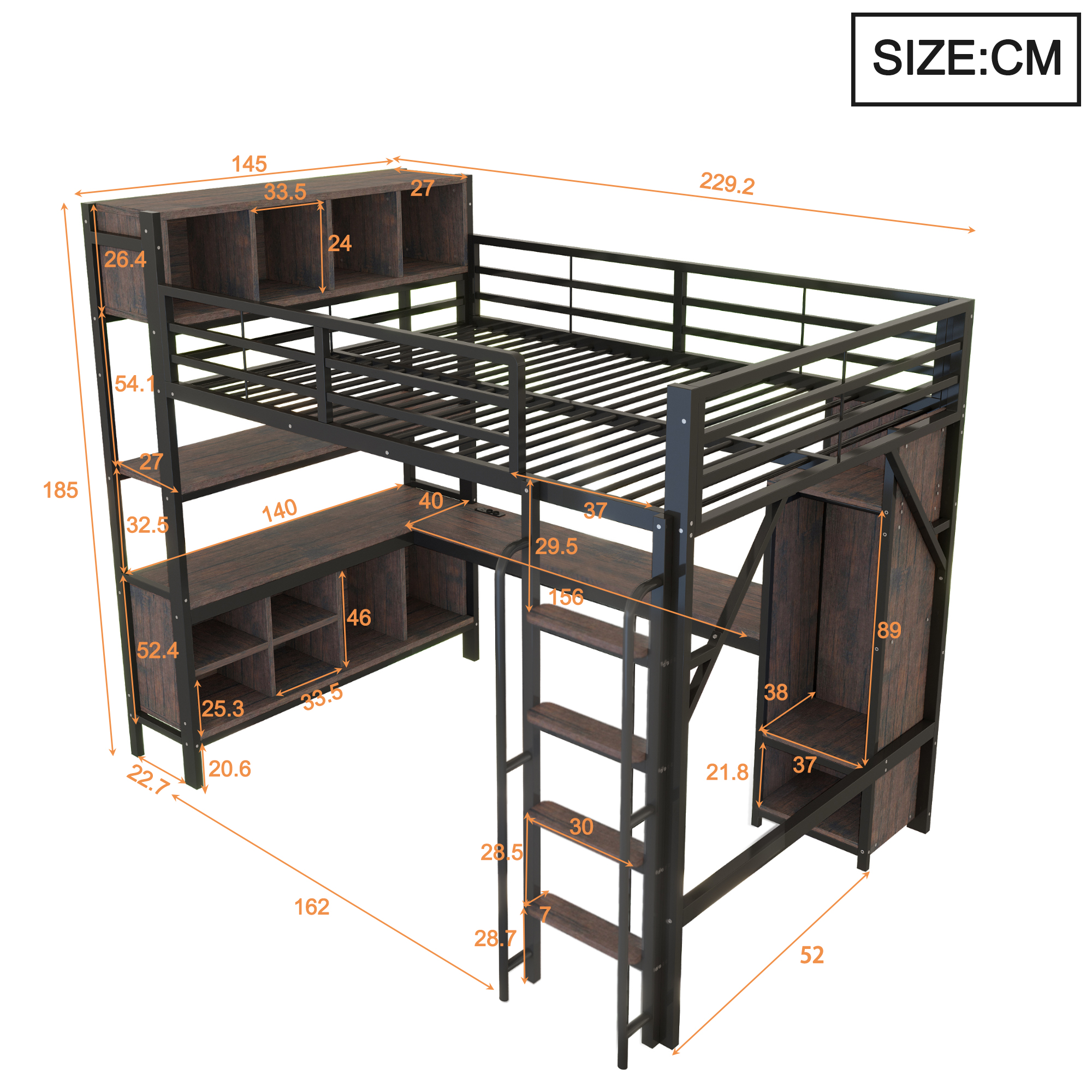 Lit mezzanine 140 x 200 cm, bureau intégré, penderie intégrée, éclairage LED au niveau du bureau, prise intégrée, métal, noir, 229,2 x 145 x 185 cm - vue complémentaire 1
