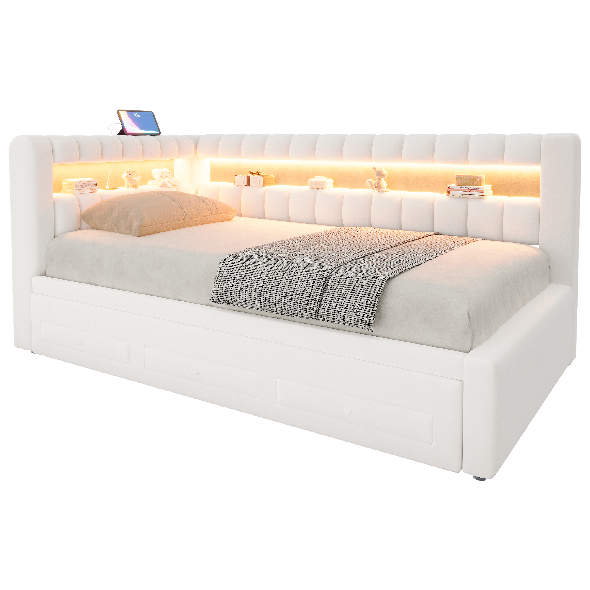 Lit banquette convertible 90x190 cm,en velours,couchage gigogne,éclairage LED,ports USB et Type-C,beige,lit 1 place,lit avec rangement intégré