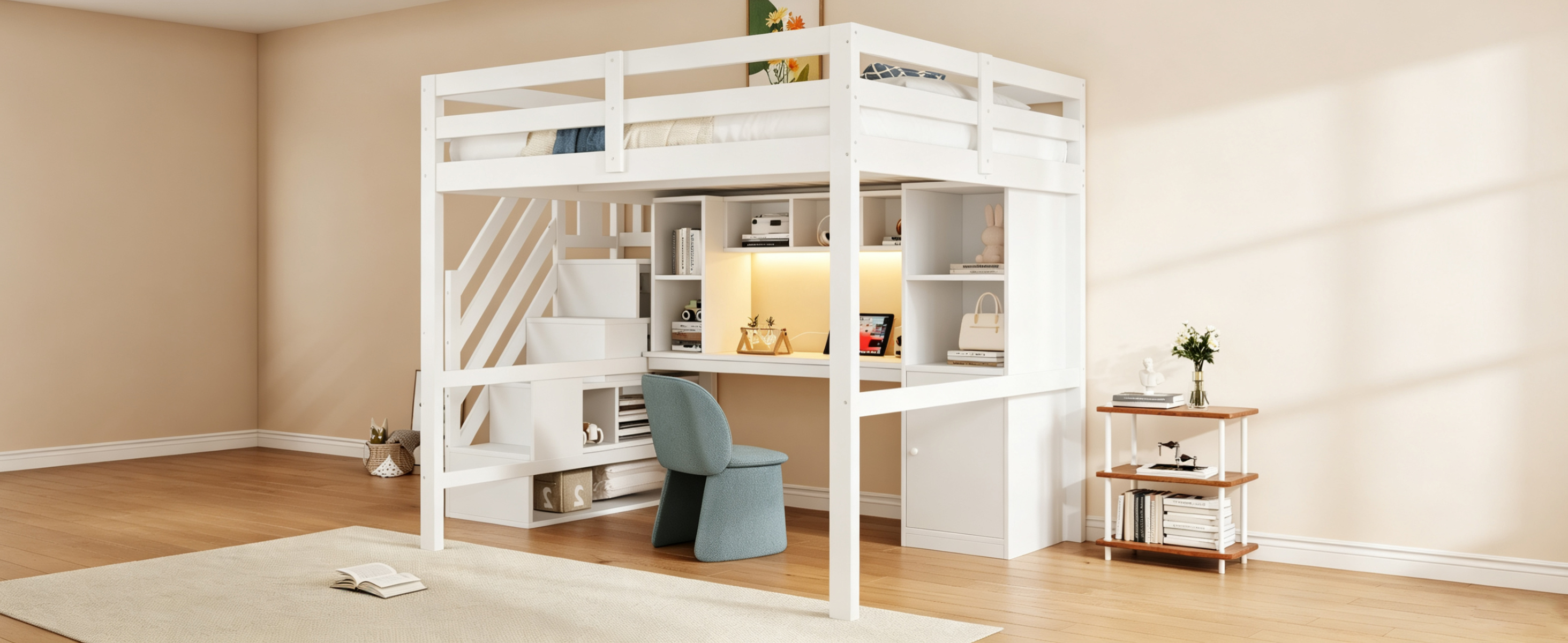 Lit mezzanine blanc 140x200 cm avec bureau et escalier de rangement