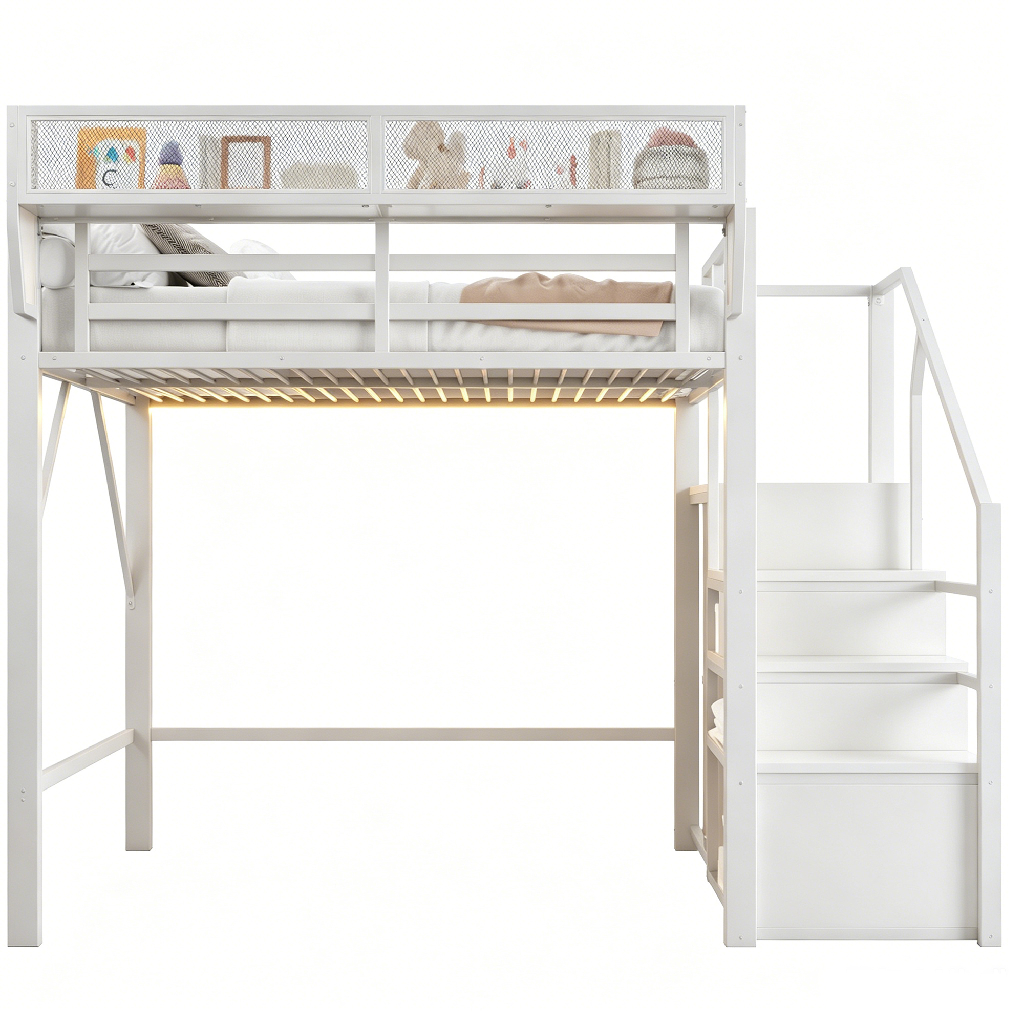 Lit mezzanine 140x200 cm avec LED, bureau, étagères et rangements, métal Blanc - présentation 1