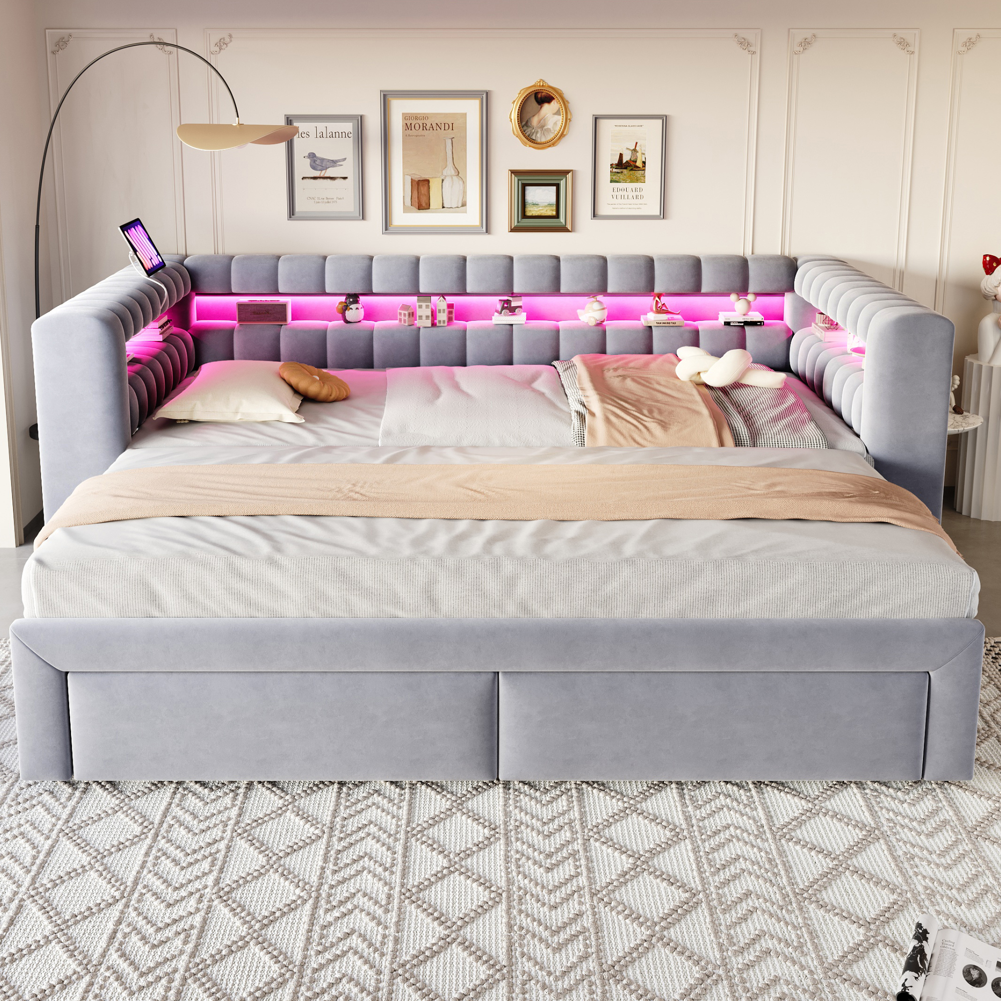 Lit rembourré, ports USB, extensible, avec tiroirs, éclairage led, 210 x 109 x 80 cm, velours et tissu, gris clair - vue 2
