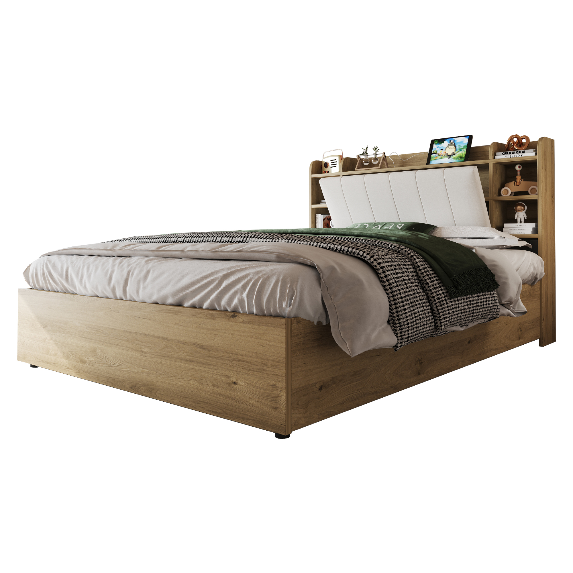 Dimensions et détails du lit coffre hydraulique 180 x 200 cm avec tête de lit à rangements, prises usb type-c et structure mdf bois