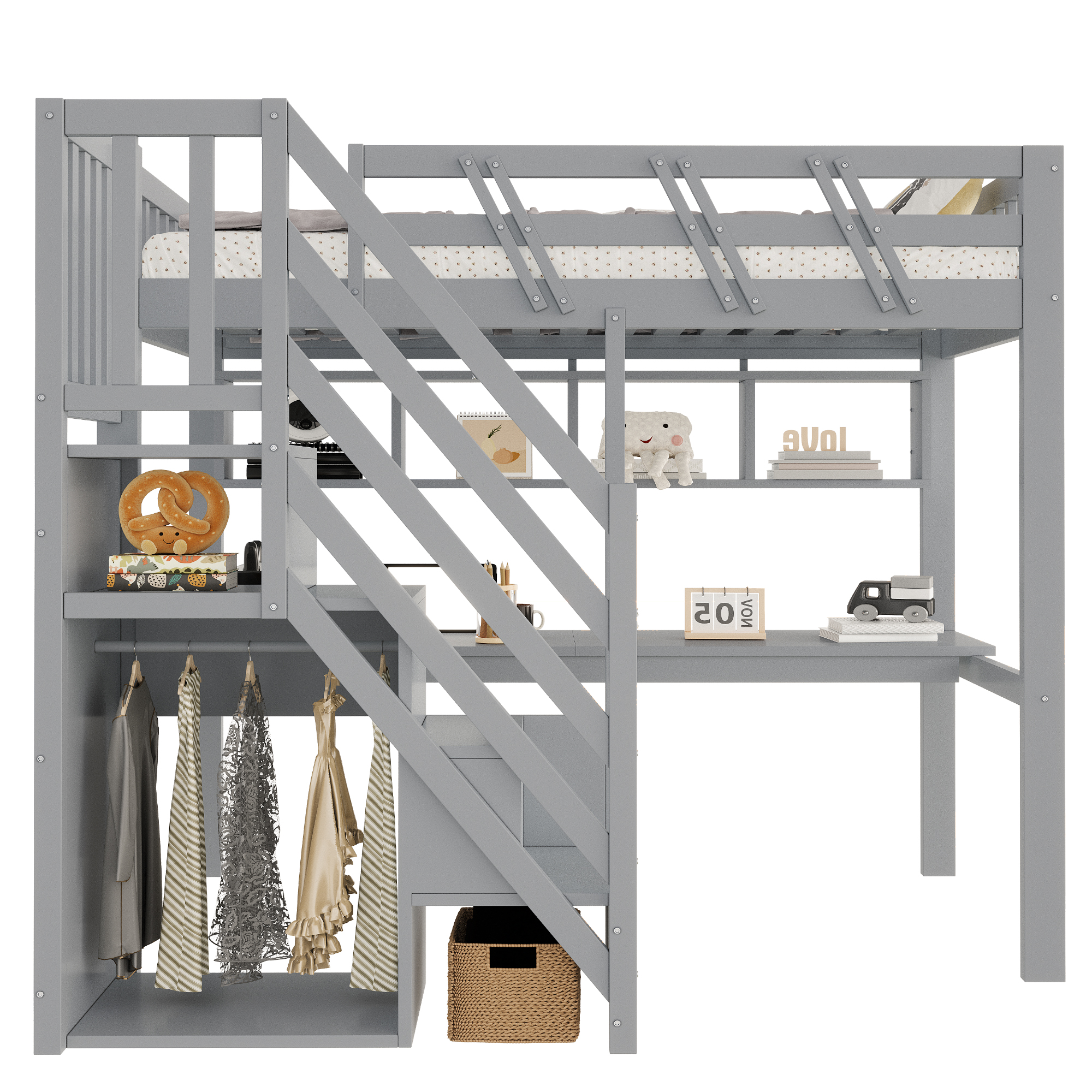 Lit enfant 90 x 200 cm avec bureau, LED, ports de charge, rangements, bois, Gris - dimensions et détails