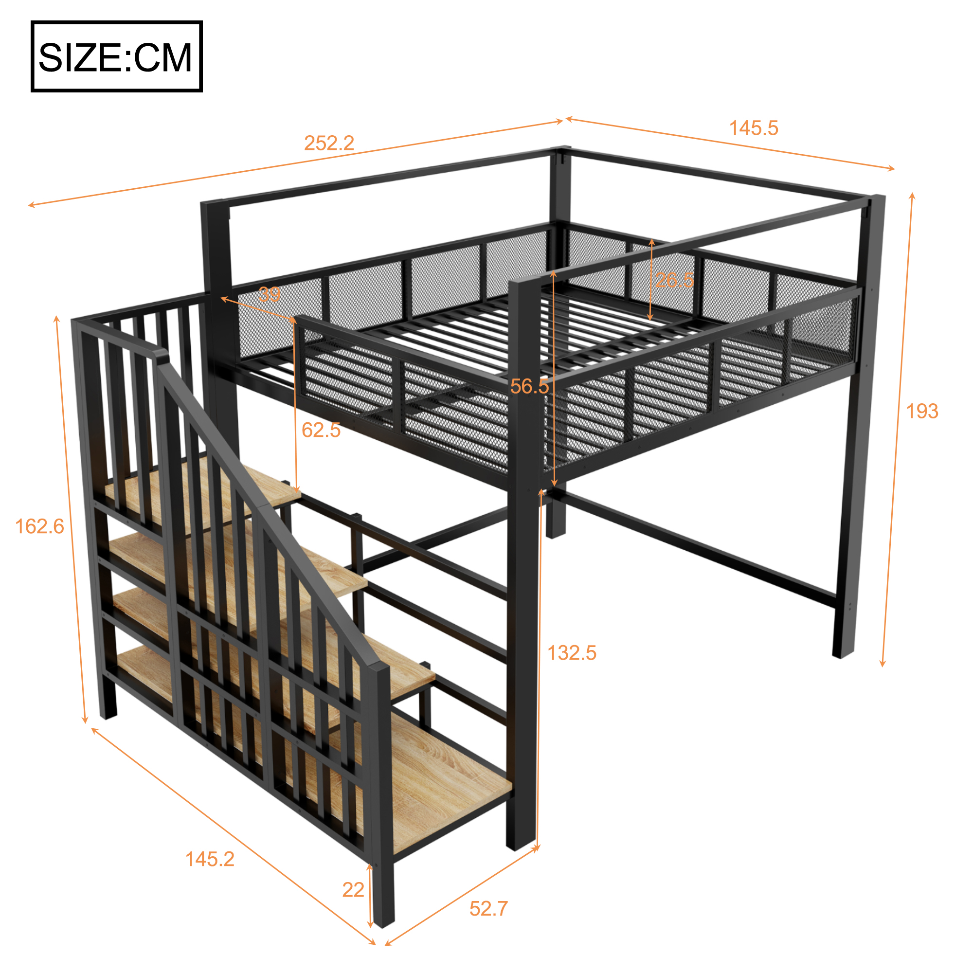 Lit mezzanine 140 x 200 cm, bureau intégré, escalier de rangement, baldaquin, garde-corps, métal, noir, 252,2 x 145,5 x 193 cm - vue complémentaire 1
