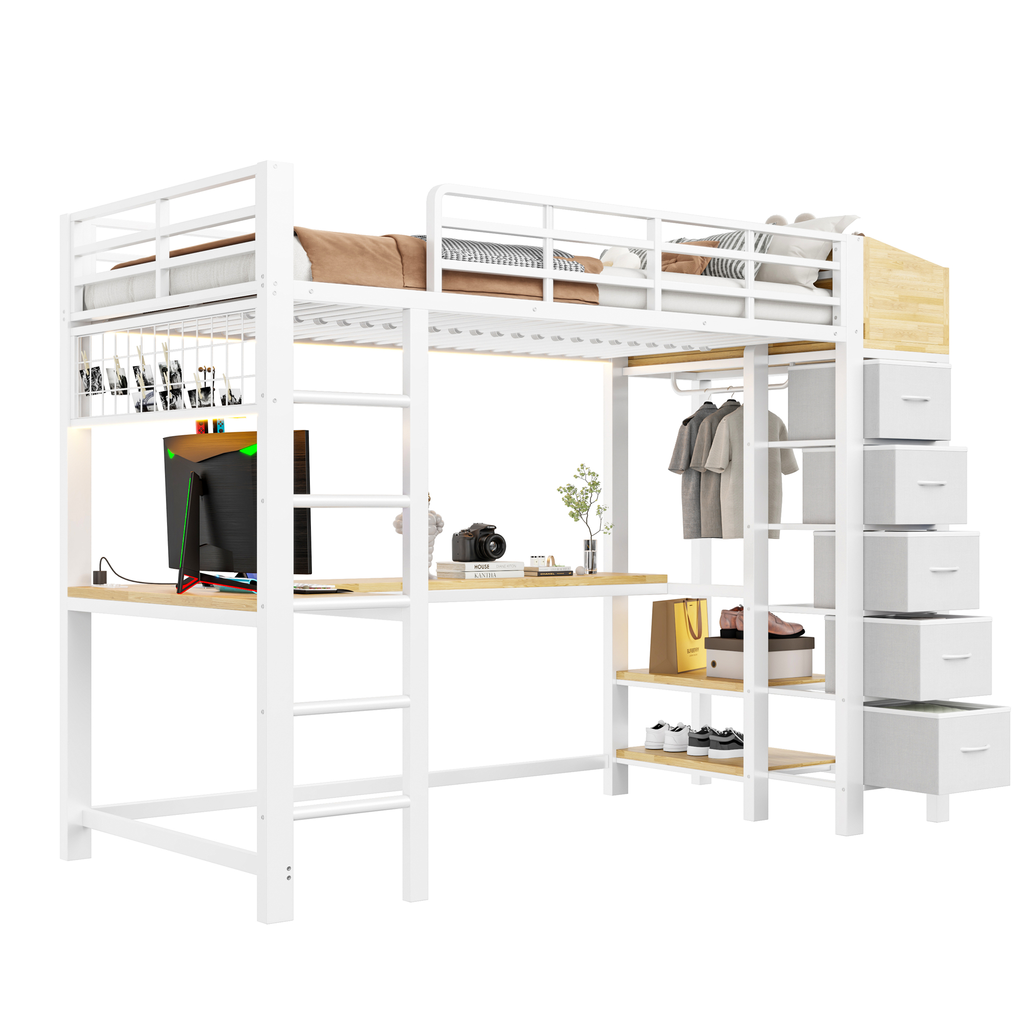 Lit mezzanine 90 x 200 cm, bureau intégré, échelle latérale, penderie intégrée, 5 tiroirs, métal et MDF, blanc, 231 x 95 x 170 cm - présentation 1