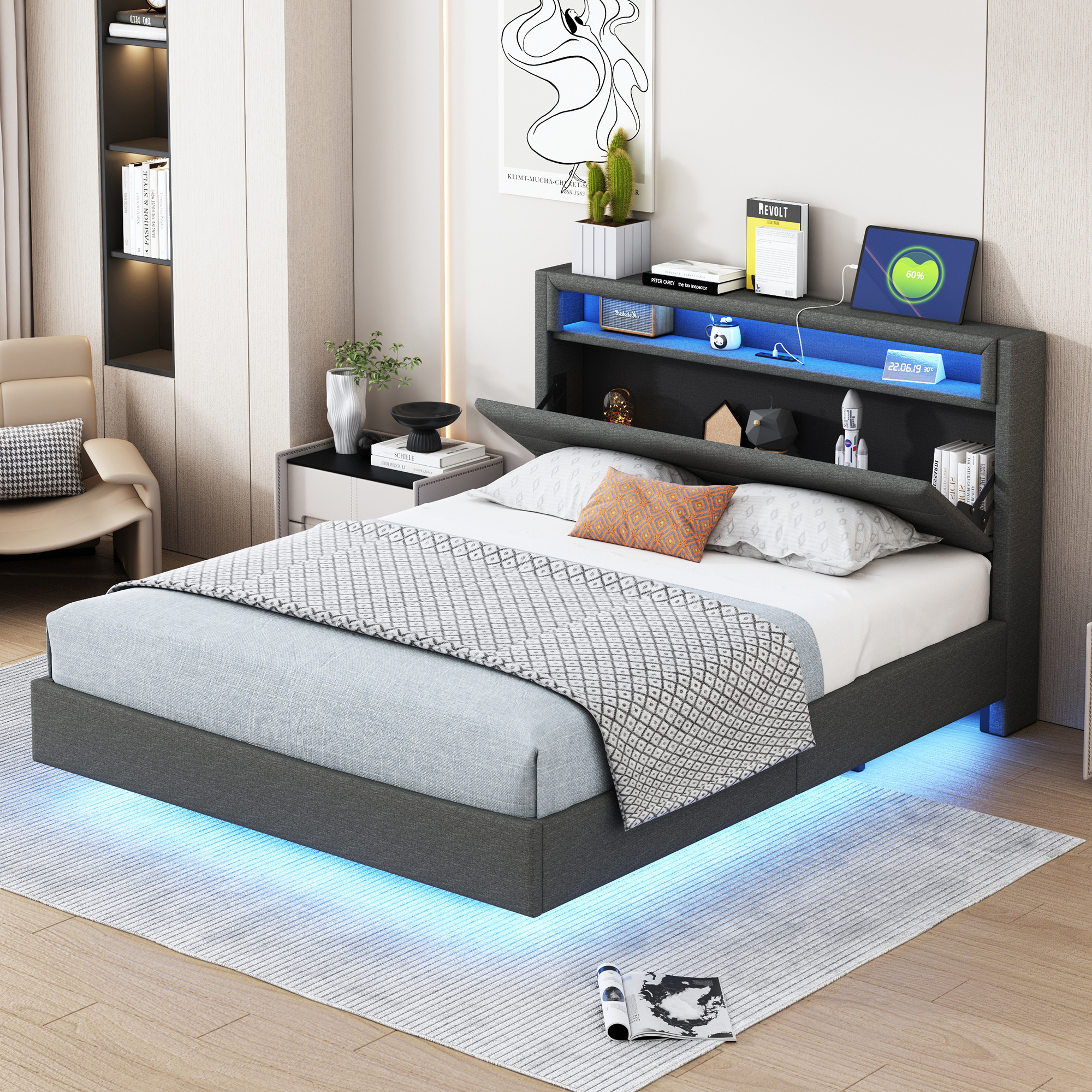 Polsterbett 140x200 cm mit USB-Steckdose und LED-L