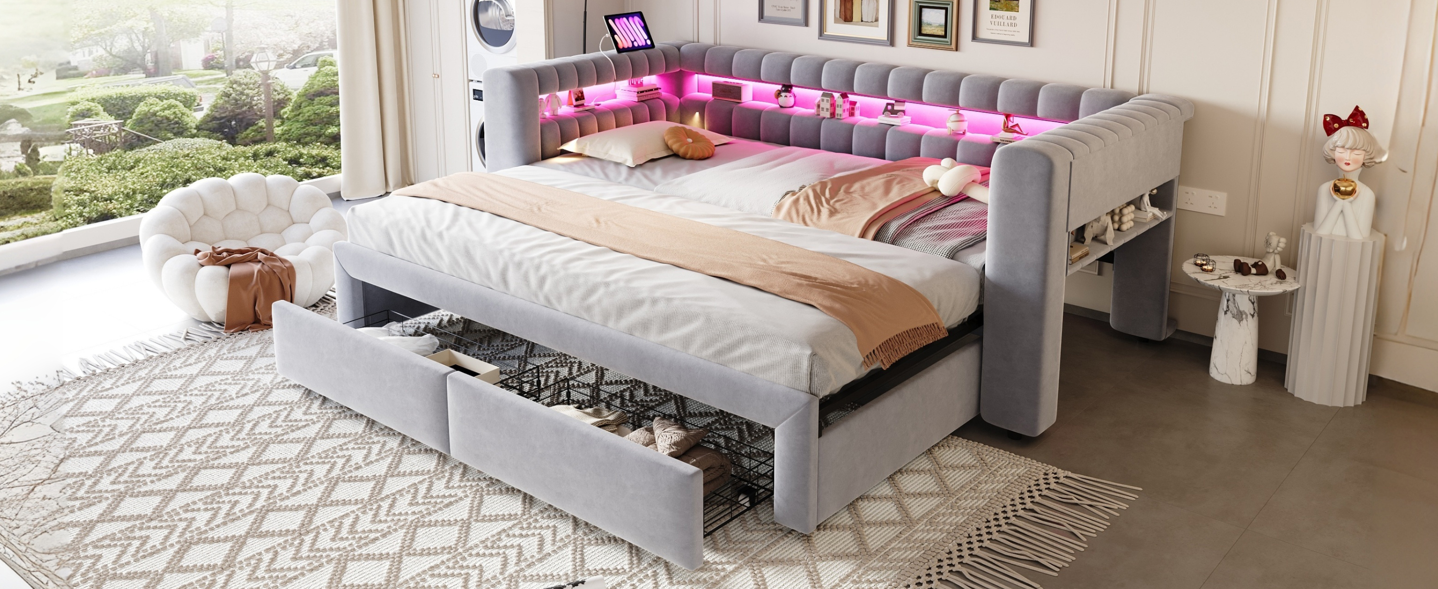 Lit rembourré, ports USB, extensible, avec tiroirs, éclairage led, 210 x 109 x 80 cm, velours et tissu, gris clair - vue 9
