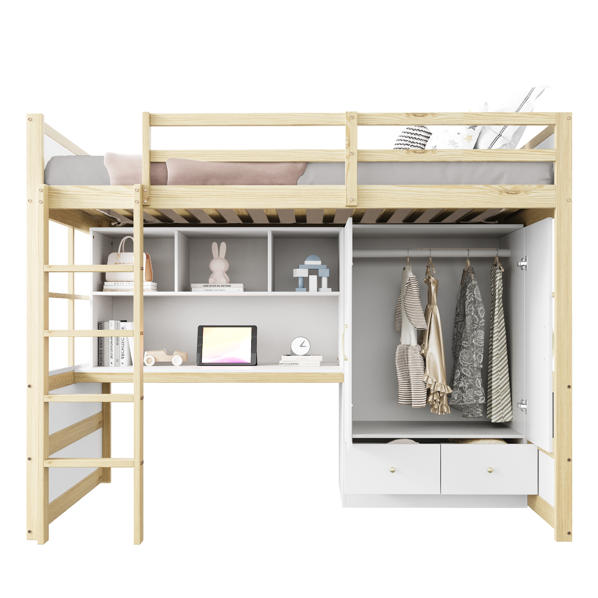 Lit mezzanine 90x200 cm gain de place 204,5x102x174 cm en bois Bois naturel - vue complémentaire 1