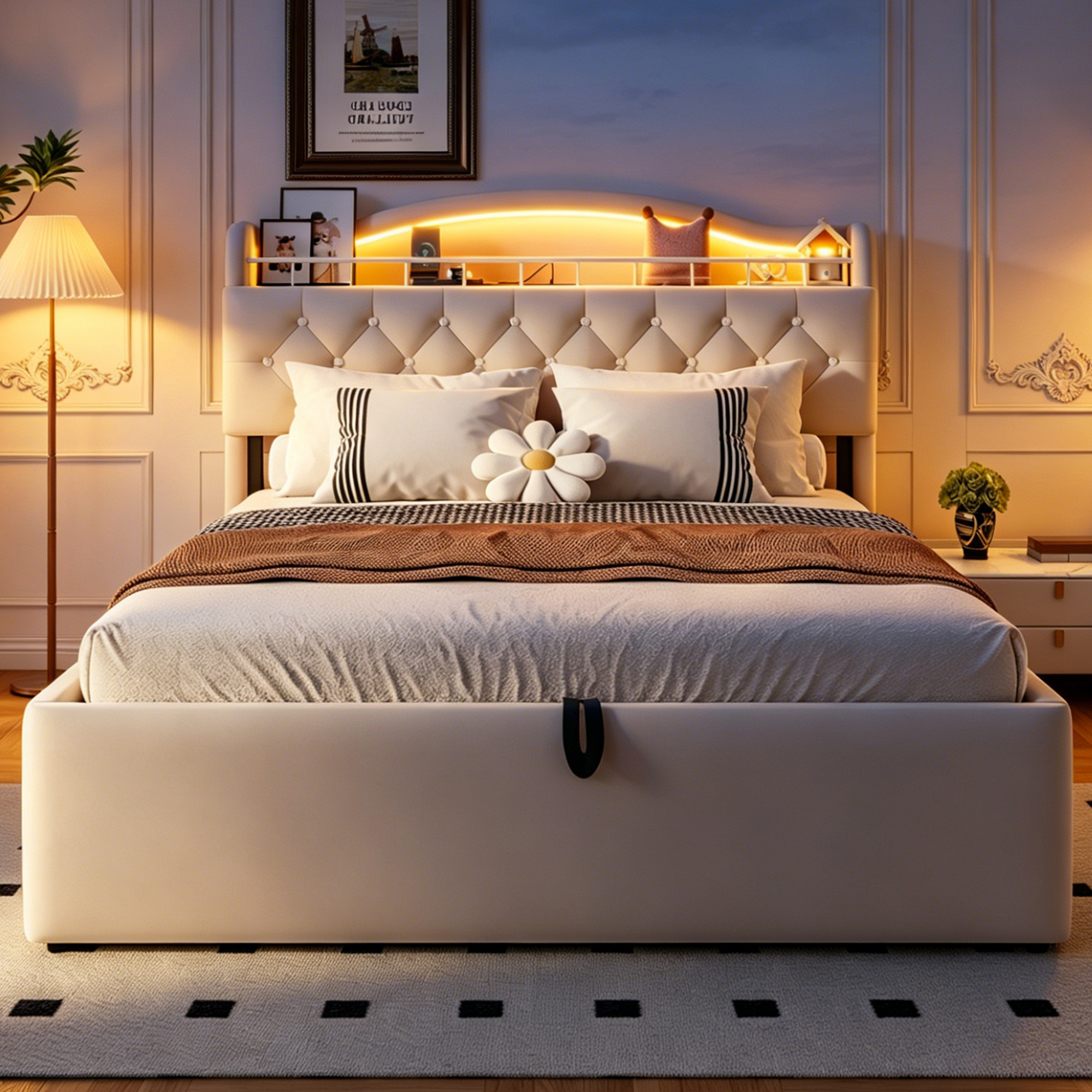 Lit coffre rembourré en velours 140 x 200 cm avec rangement hydraulique, LED, ports USB-C et tête de lit avec rangement, Beige