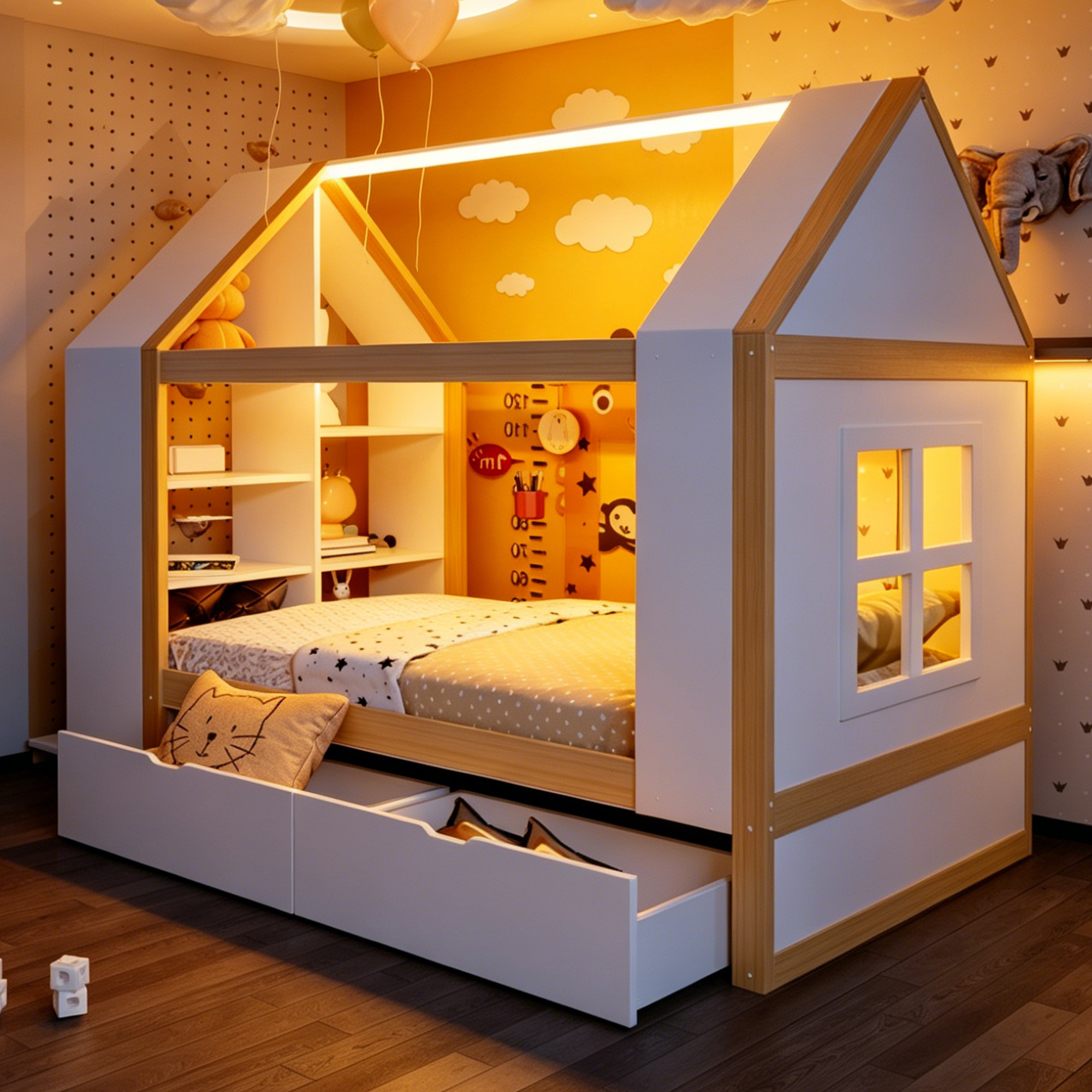 Lit cabane enfant 90 x 200 cm, 2 tiroirs, éclairage LED latéral, bois massif et MDF, blanc et effet bois naturel, 235 x 95 x 154,5 cm 🏠 - vue principale 1