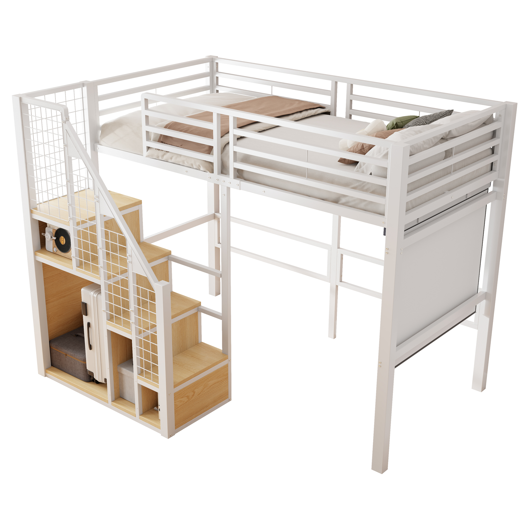 Dimensions et détails du lit mezzanine en métal 90 x 200 cm avec rangement penderie, escalier et espace inférieur blanc