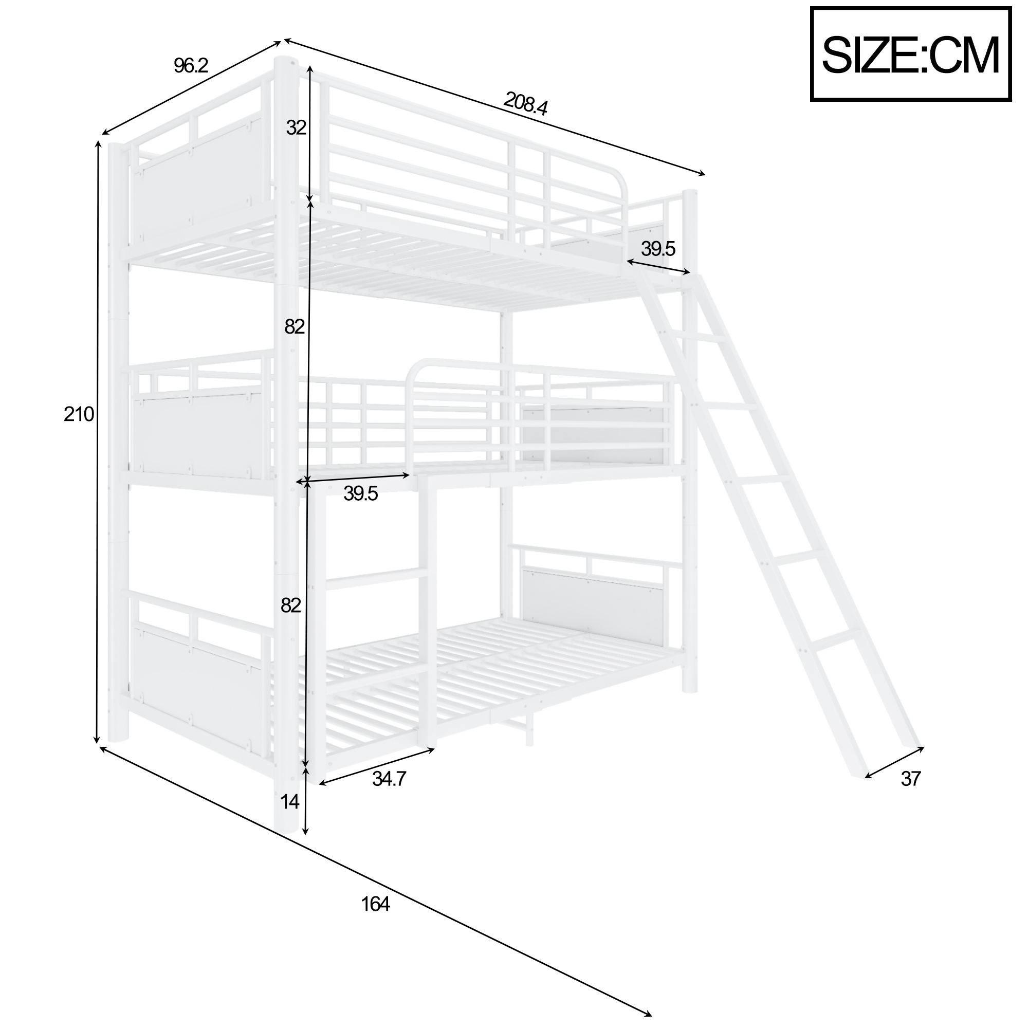 Schéma des dimensions du lit superposé triple blanc 90 x 200 cm avec hauteur de 210 cm et échelles d'accès