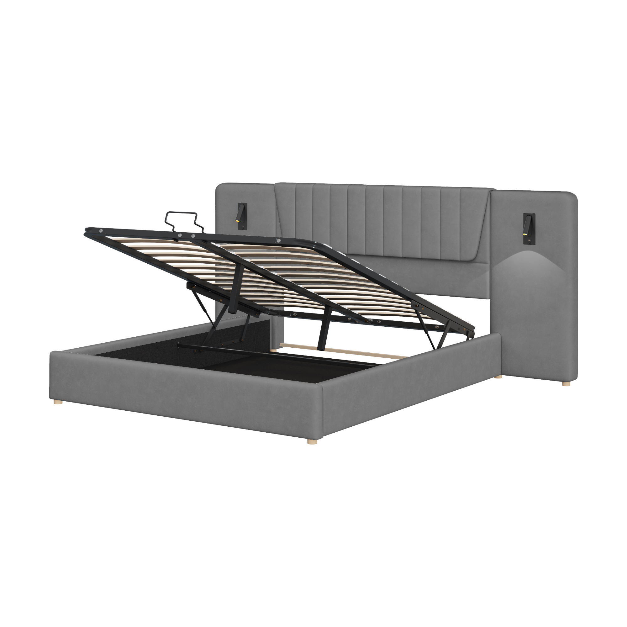 Lit rembourré en velours avec tête extra large, 2 lampes de lecture pivotantes 180° + USB, pour chambre, confort supérieur, recharge au lit, design élégant, style luxueux, stabilité, fonctionnalité - image 14