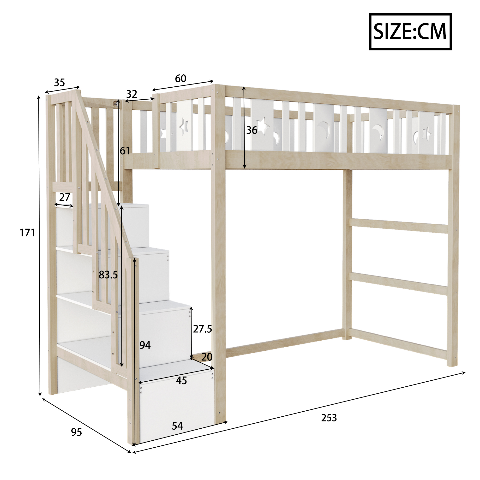 Lit mezzanine enfant 90 x 200 cm en bois massif avec escalier de rangement, détails étoile et lune, bois naturel et blanc vue détaillée