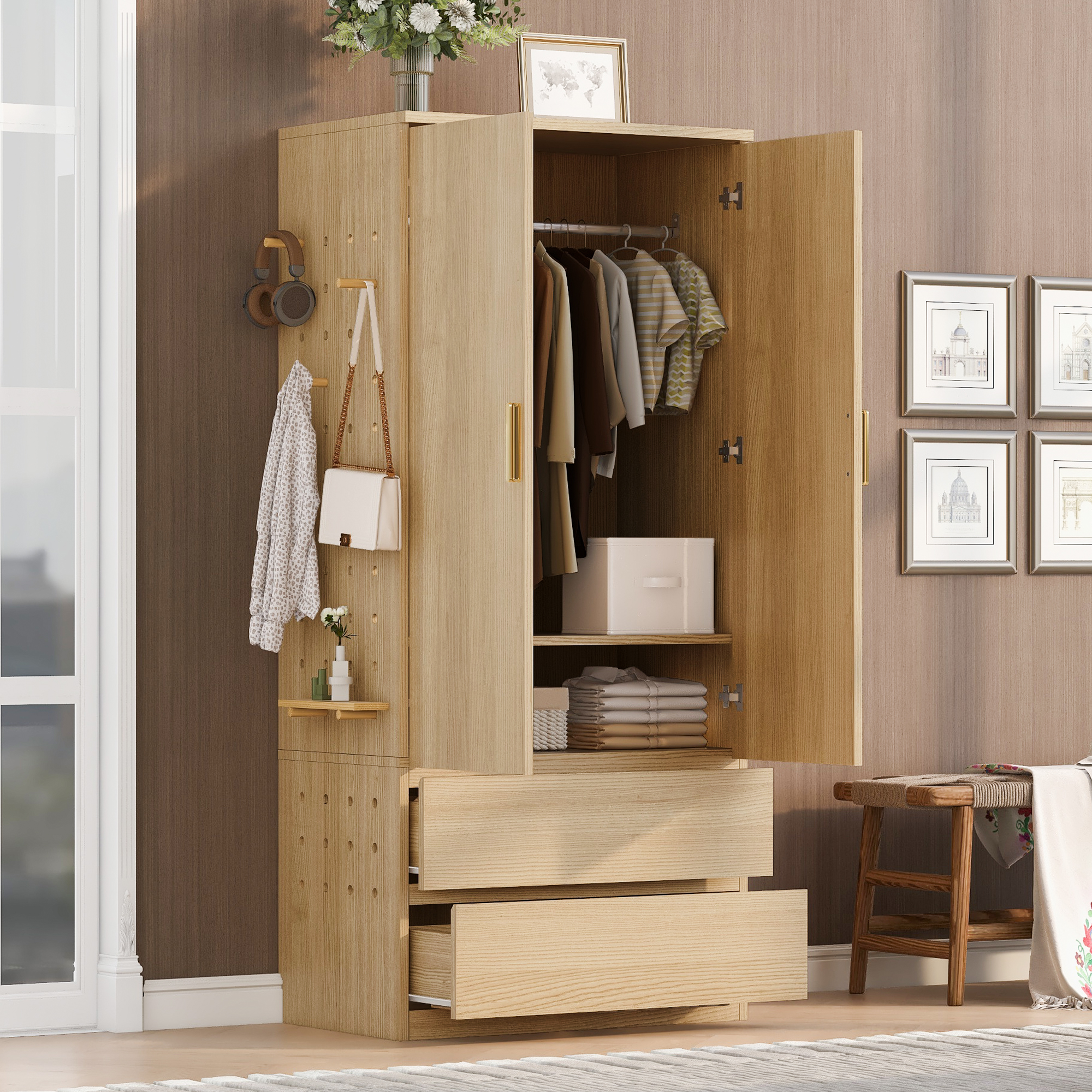 Armoire effet bois multifonction avec panneau perforé
