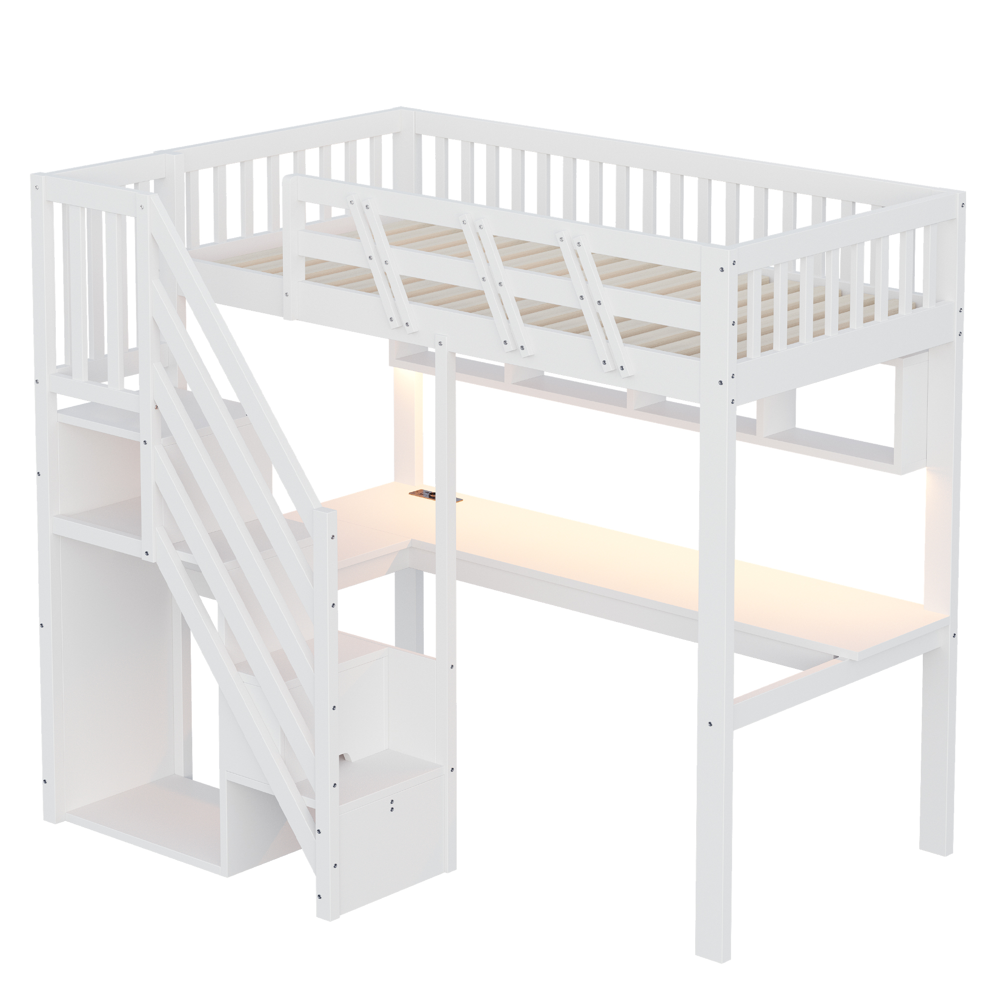 Lit enfant 90 x 200 cm avec bureau, LED, ports de charge, rangements, bois, Blanc - vue complémentaire