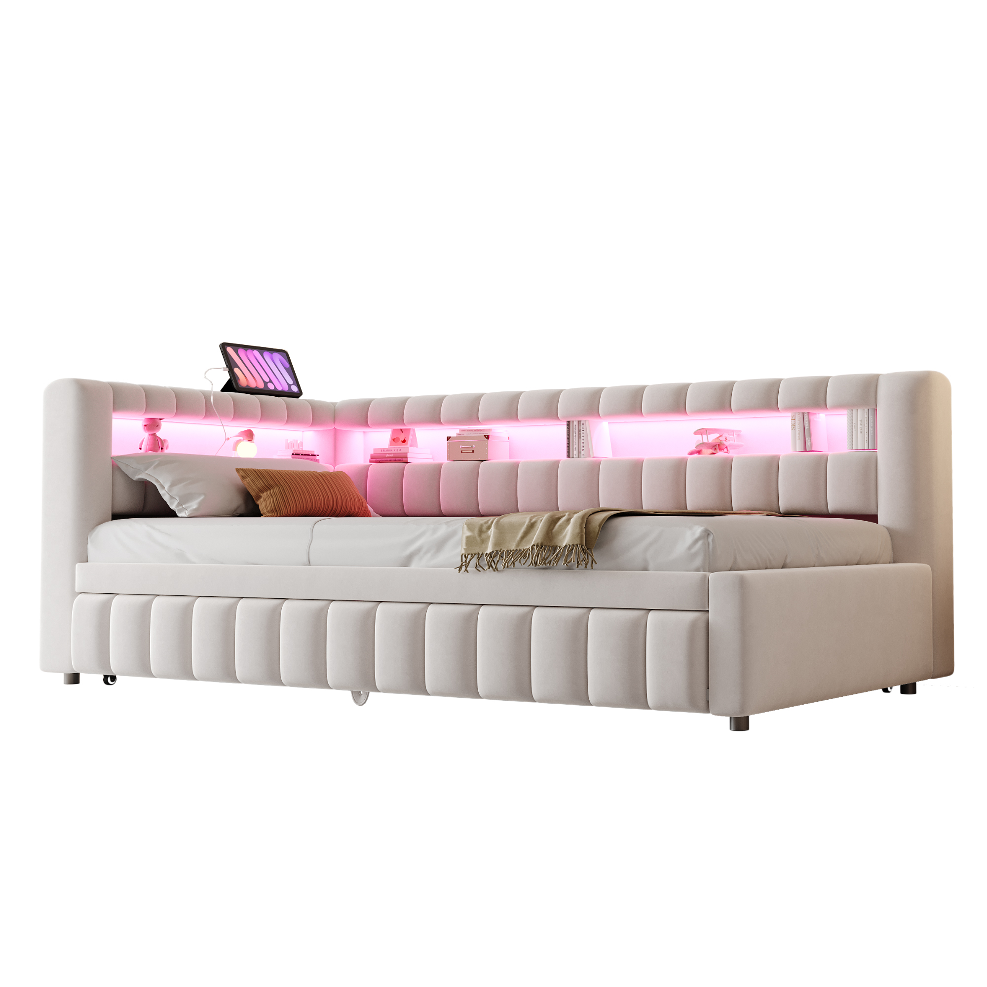 Lit banquette convertible 90x200 cm,en velours,couchage gigogne,éclairage LED,ports USB et Type-C,beige,lit 1 place,lit avec rangement intégré