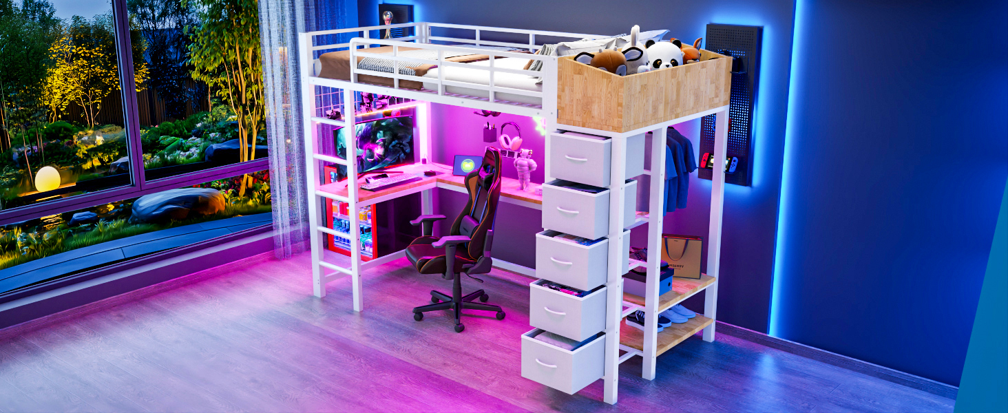 Lit mezzanine métal avec bureau gaming et rangements