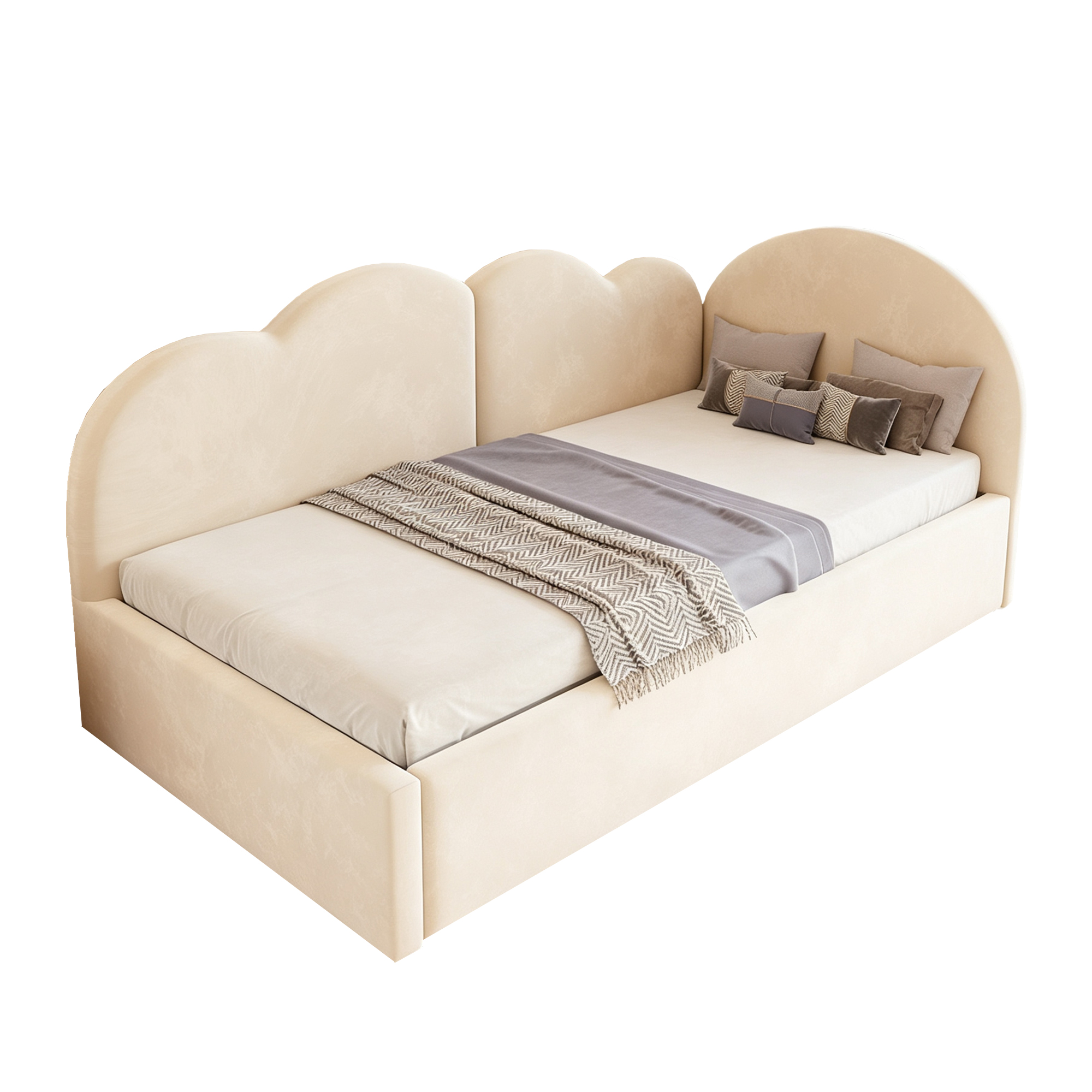 Lit gigogne 90 x 200 cm avec couchage gigogne 90 x 190 cm avec LED, structure rembourrée, Beige - fonctions