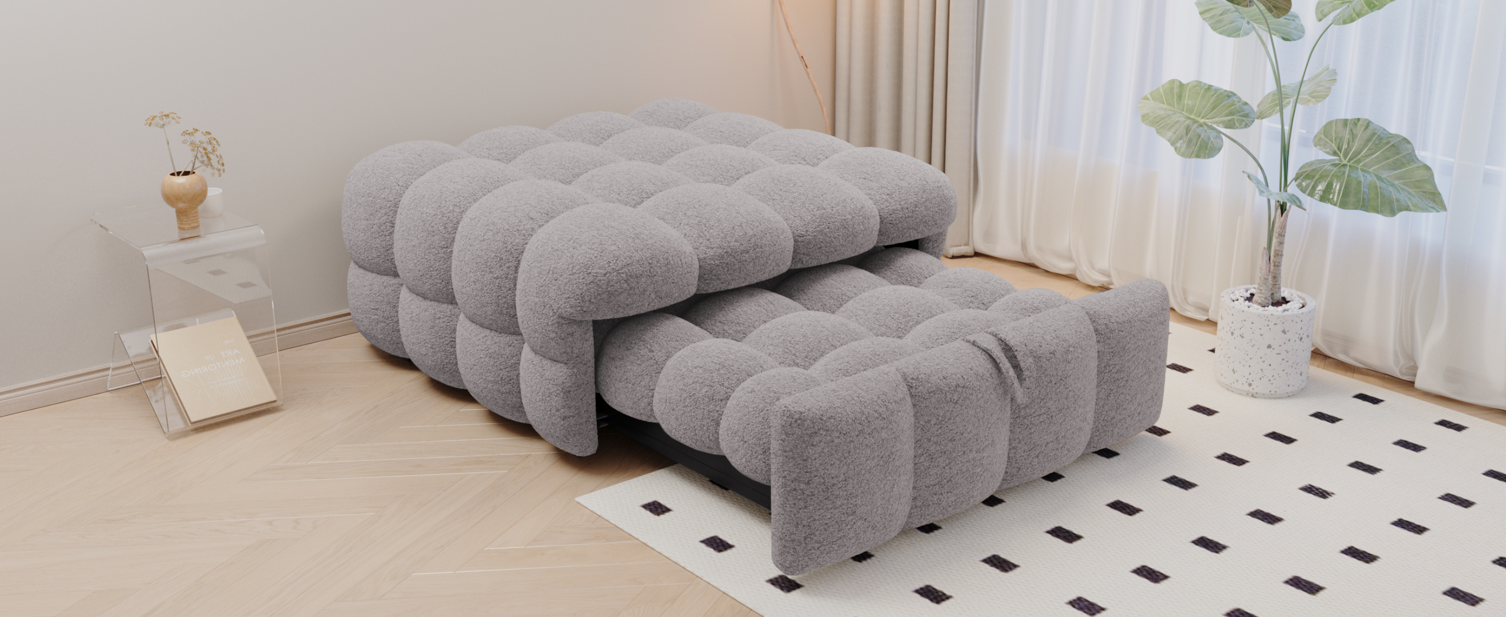 Lit pouf convertible 2-en-1 en tissu bouclé gris, - image 21