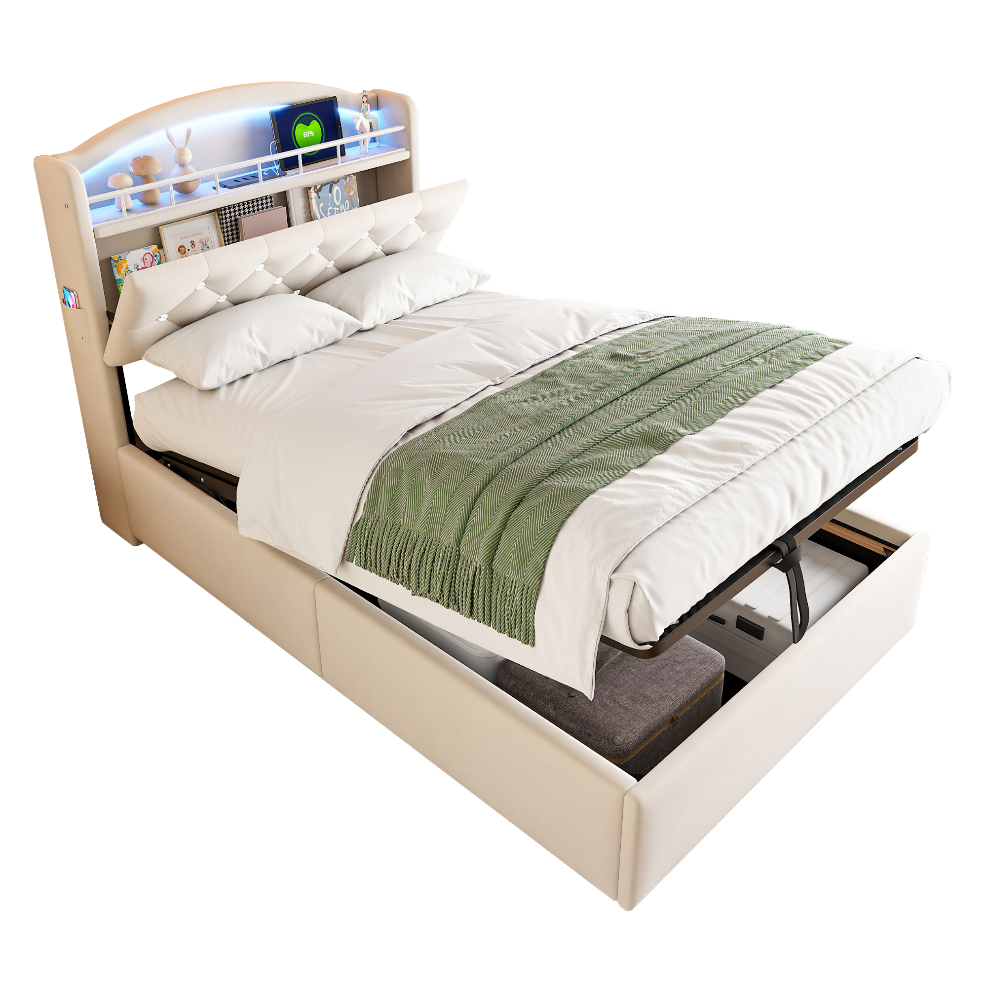 Détails de Lit coffre rembourré en velours 90 x 200 cm avec rangement hydraulique, LED et ports USB-C, Beige