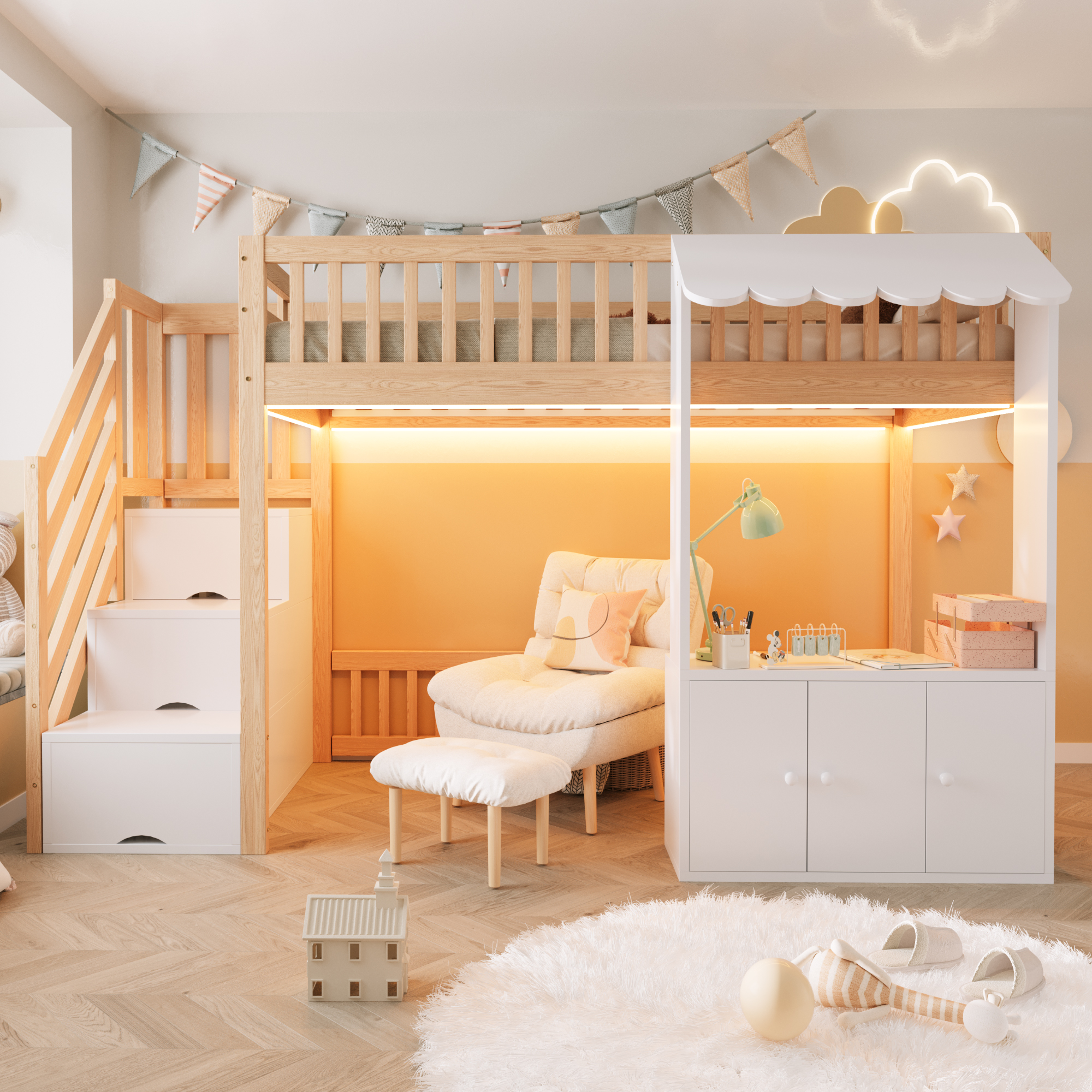 Lit mezzanine 90 x 200 cm, escalier de rangement, baldaquin, éclairage LED sous le couchage, espace sous le lit aménageable, bois de pin, effet bois naturel, 253 x 108,9 x 139 cm - présentation 1