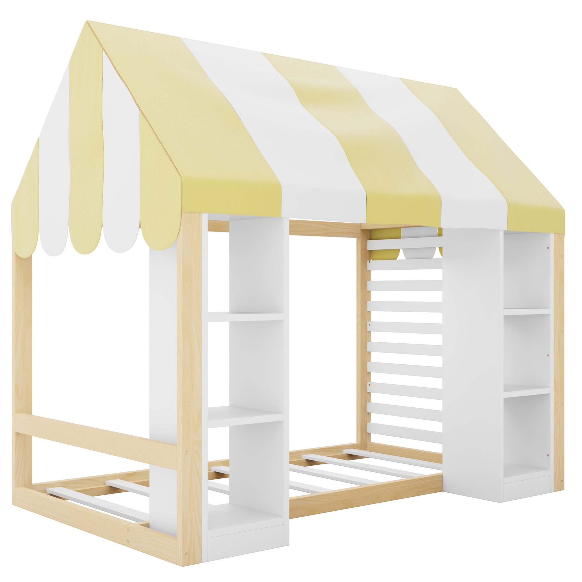 Lit cabane enfant 90 x 200 cm, 2 armoires, baldaquin, métal, blanc et effet bois naturel, 204,5 x 118,7 x 188 cm 🏠 - spécifications 1
