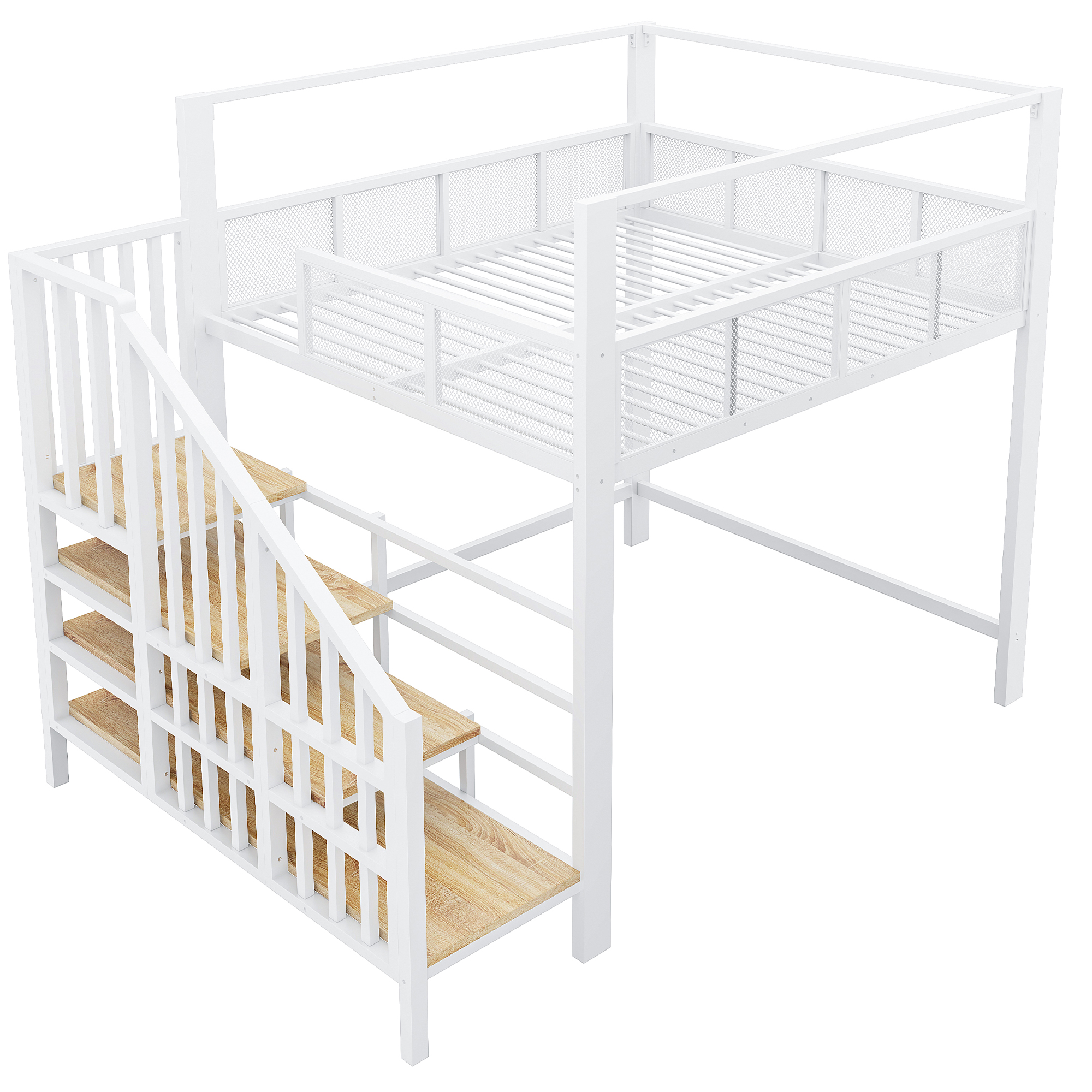 Lit mezzanine 140 x 200 cm, bureau intégré, escalier de rangement, baldaquin, garde-corps, métal, blanc, 252,2 x 145,5 x 193 cm - présentation 1